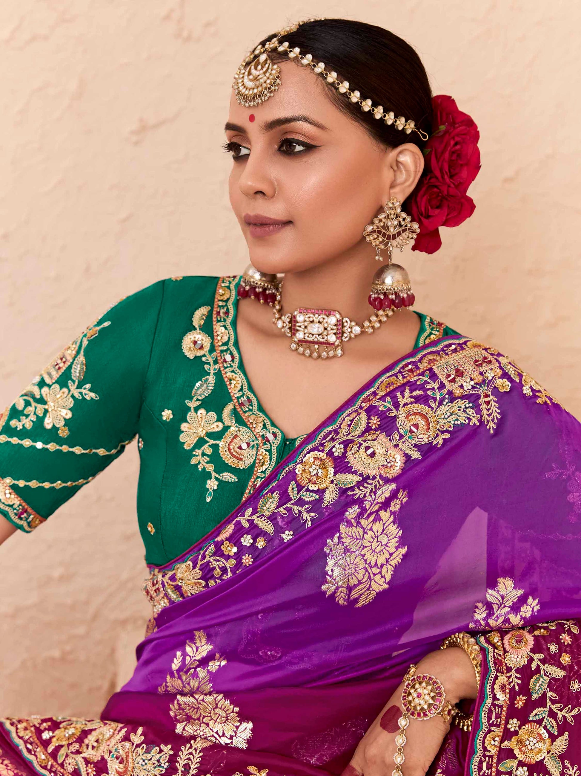 Fabulous Purple Thread Embroidered Viscose Wedding Wear Saree