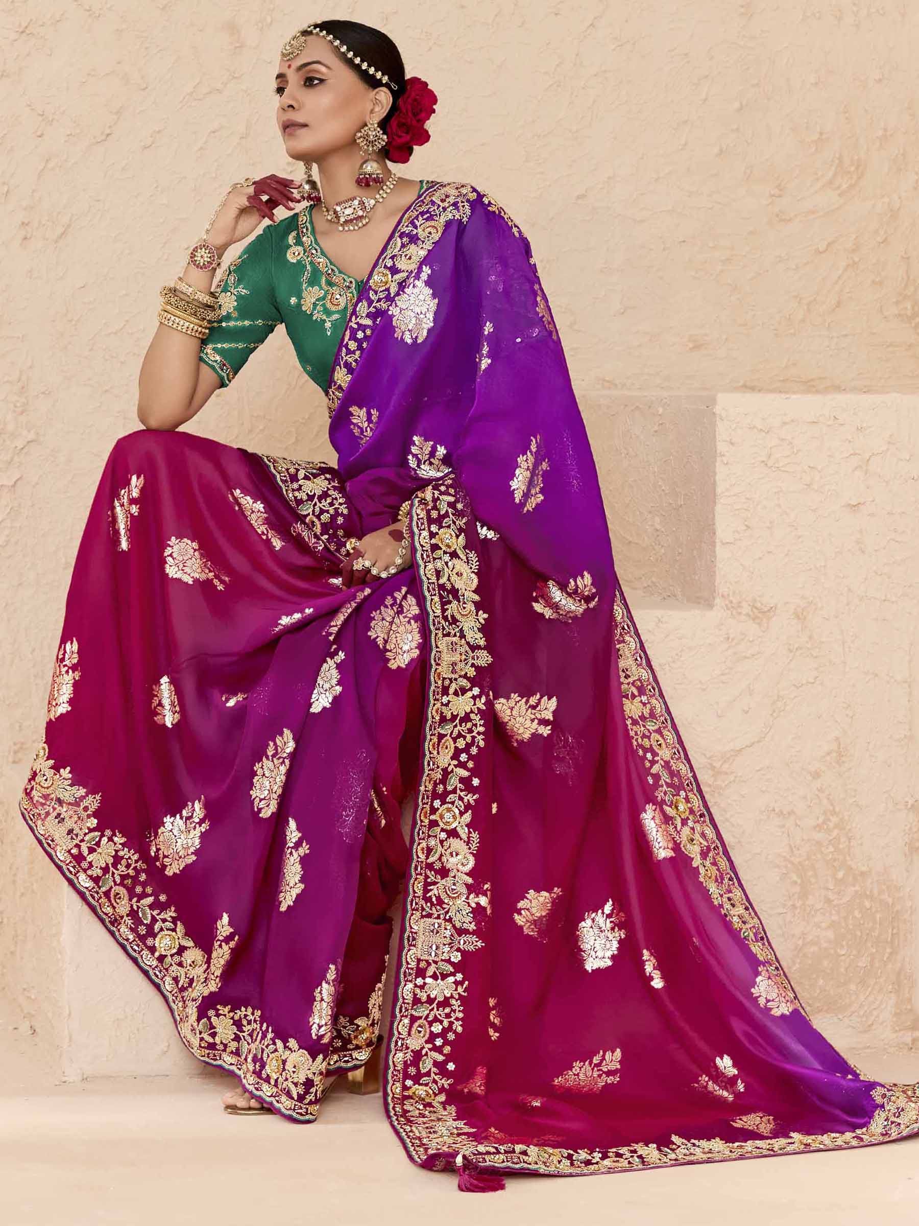 Fabulous Purple Thread Embroidered Viscose Wedding Wear Saree