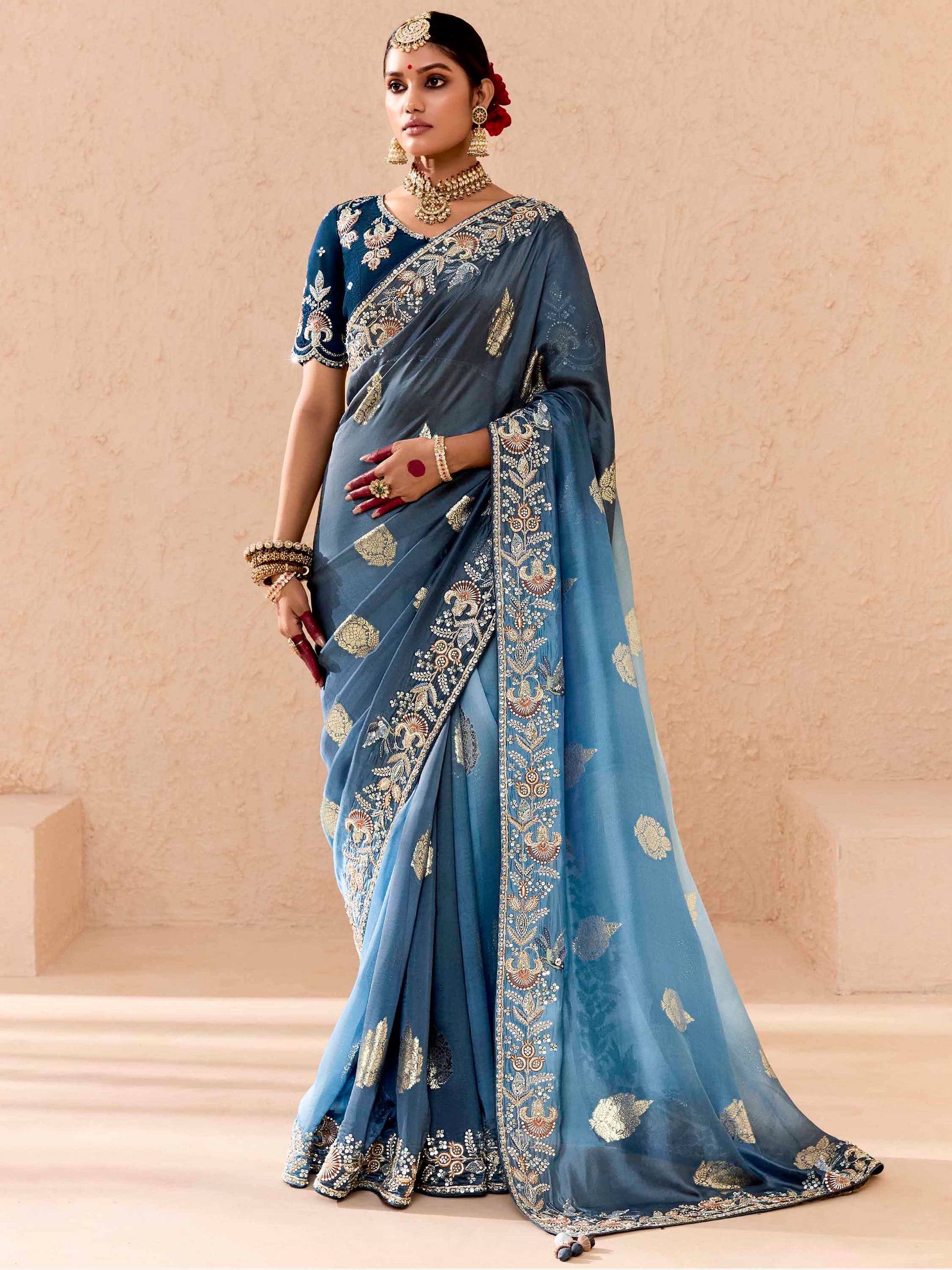 Dazzling Dusty Blue Thread Embroidered Viscose Wedding Wear Saree