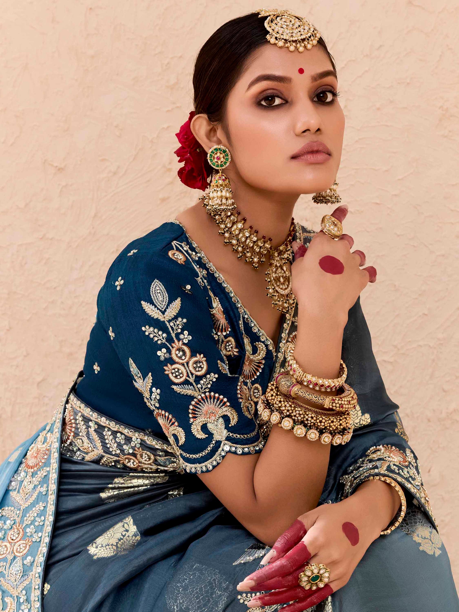 Dazzling Dusty Blue Thread Embroidered Viscose Wedding Wear Saree