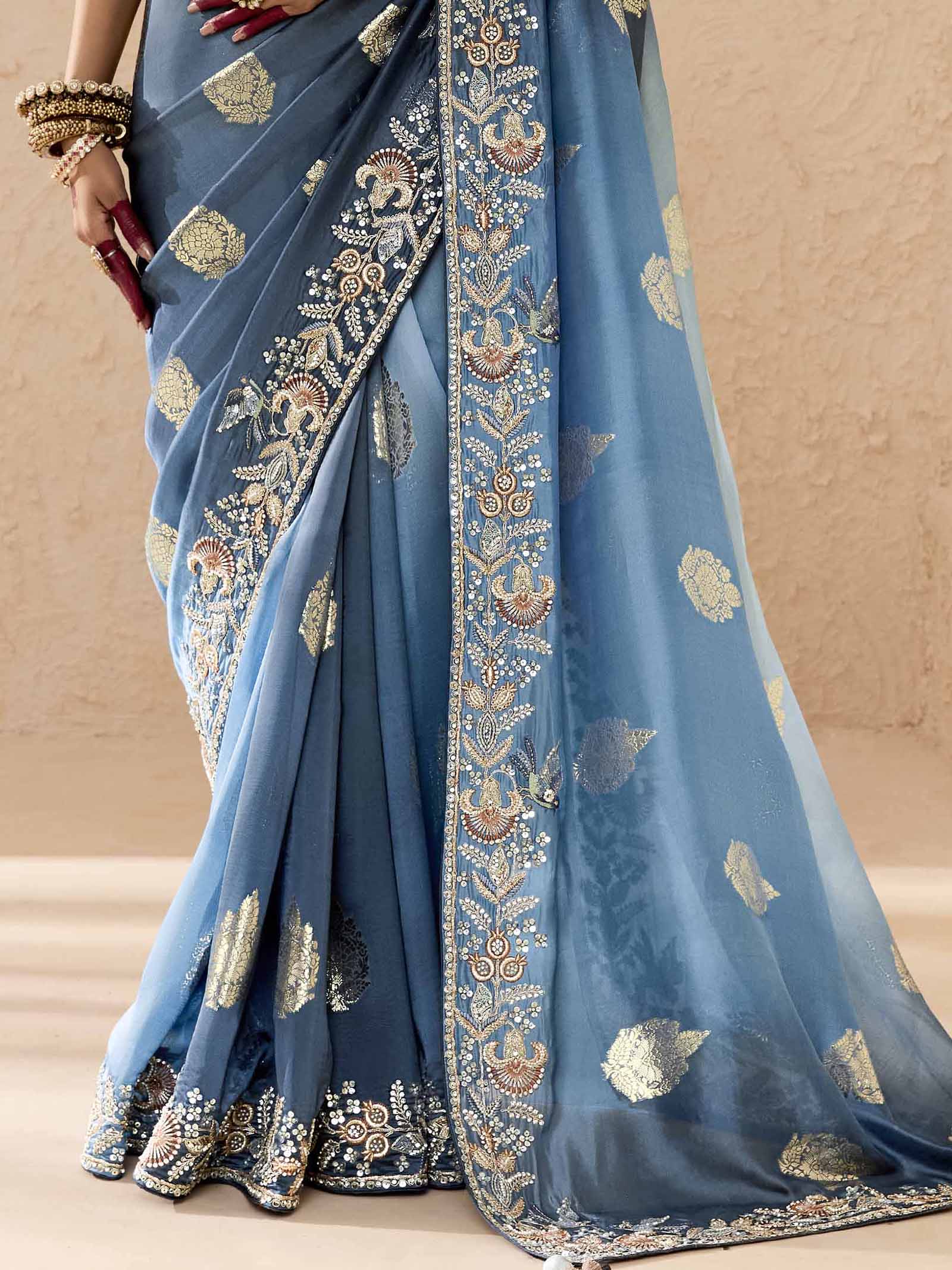 Dazzling Dusty Blue Thread Embroidered Viscose Wedding Wear Saree