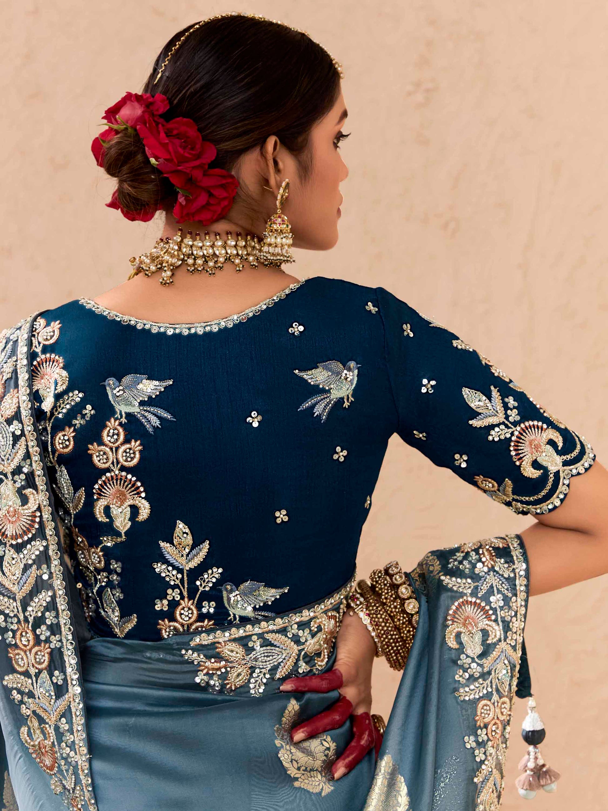 Dazzling Dusty Blue Thread Embroidered Viscose Wedding Wear Saree