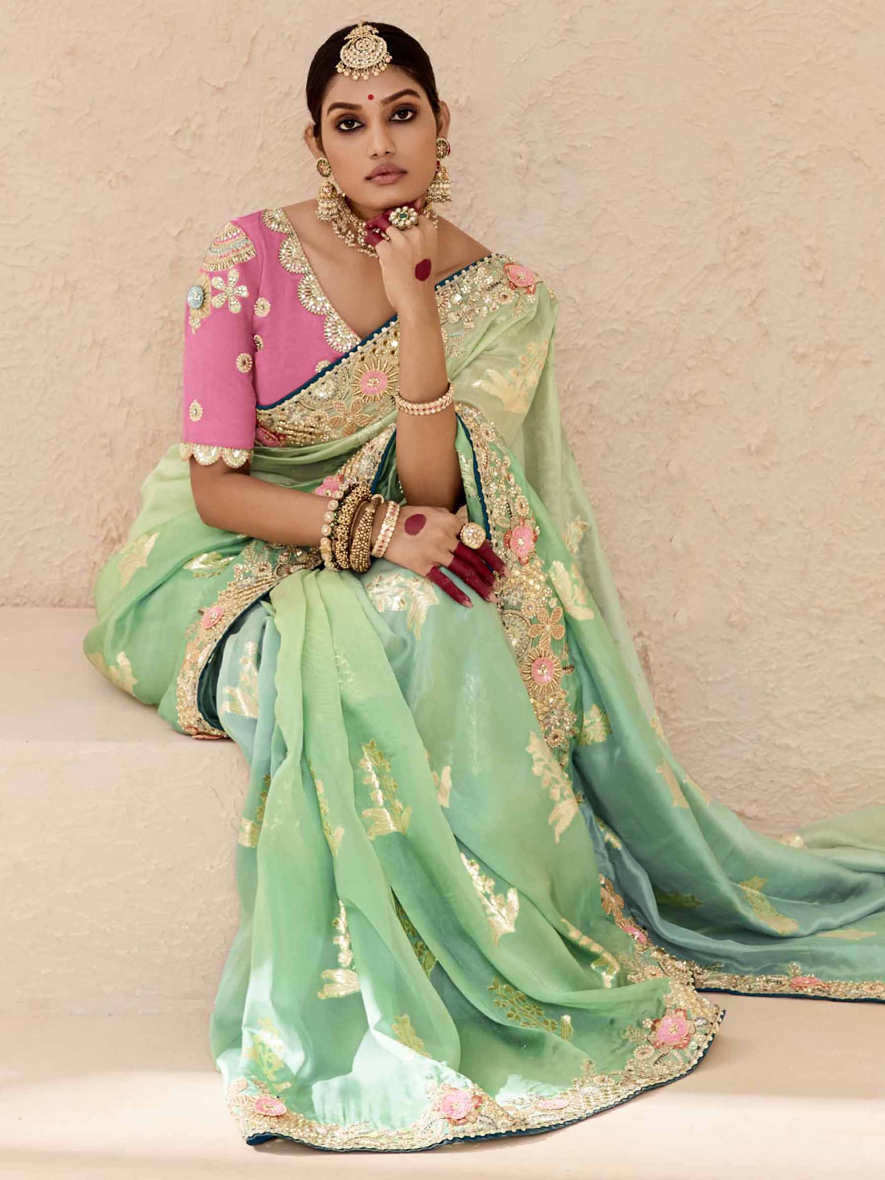 Lovely Pista Green Thread Embroidered Viscose Bridal Wear Saree