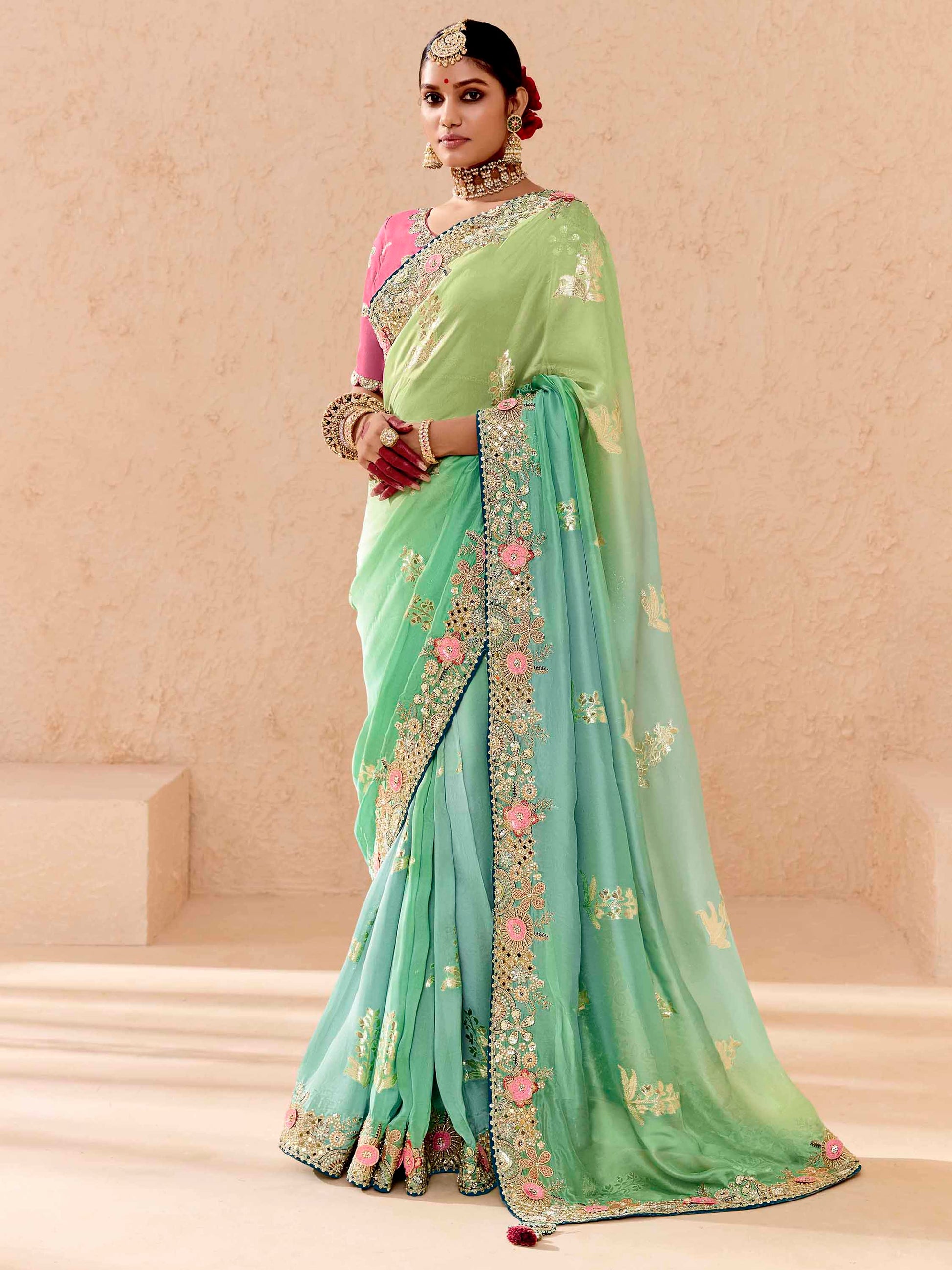 Lovely Pista Green Thread Embroidered Viscose Bridal Wear Saree