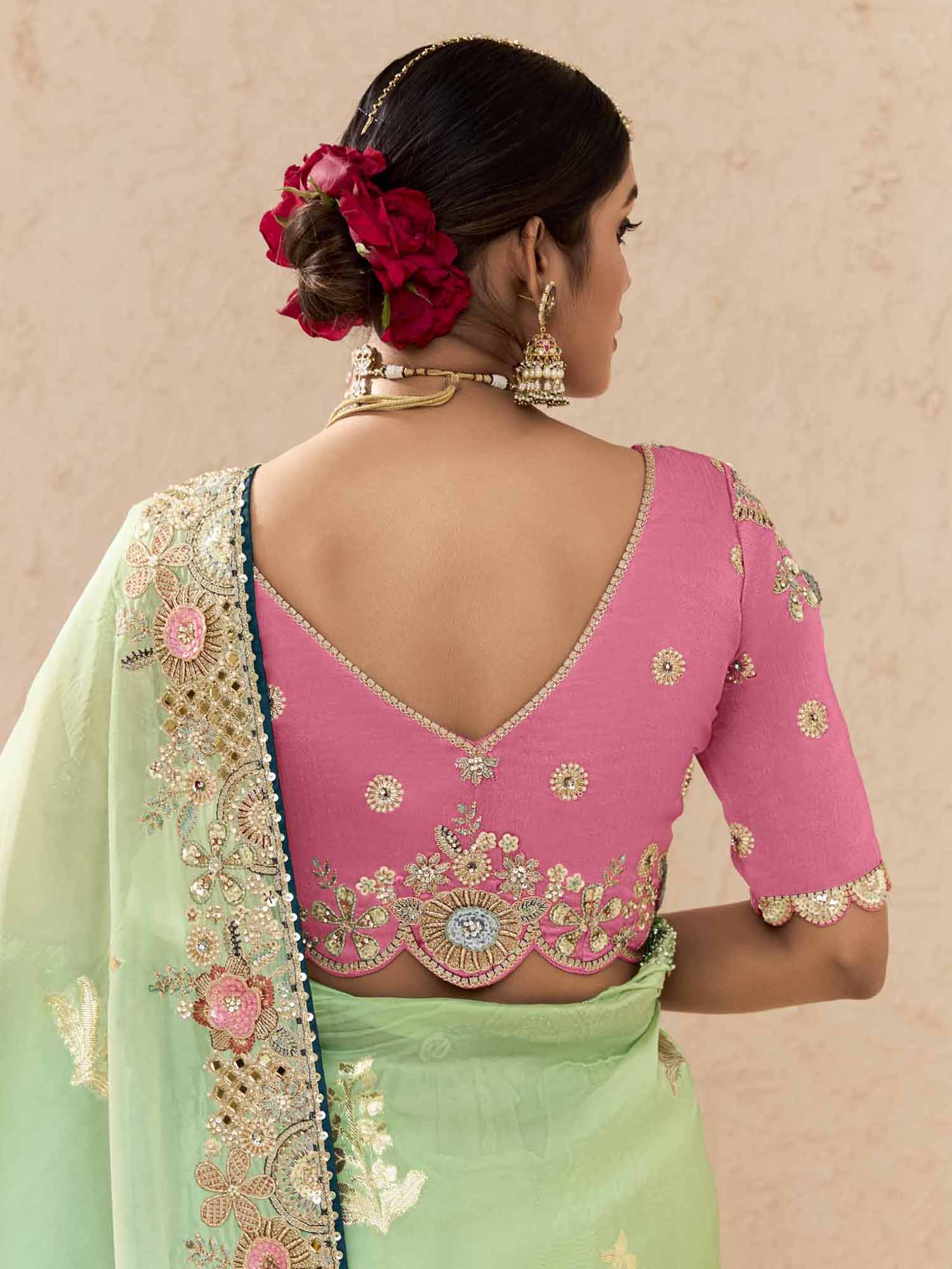 Lovely Pista Green Thread Embroidered Viscose Bridal Wear Saree
