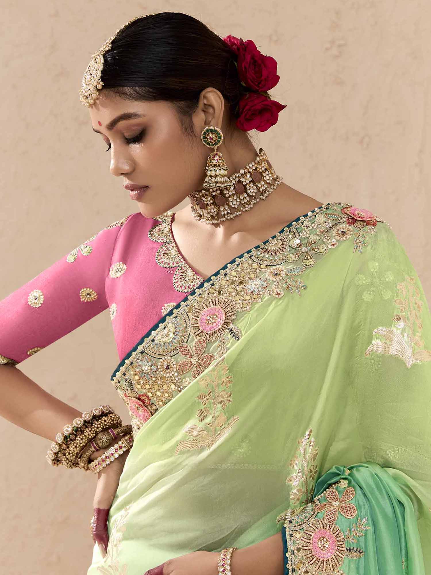 Lovely Pista Green Thread Embroidered Viscose Bridal Wear Saree