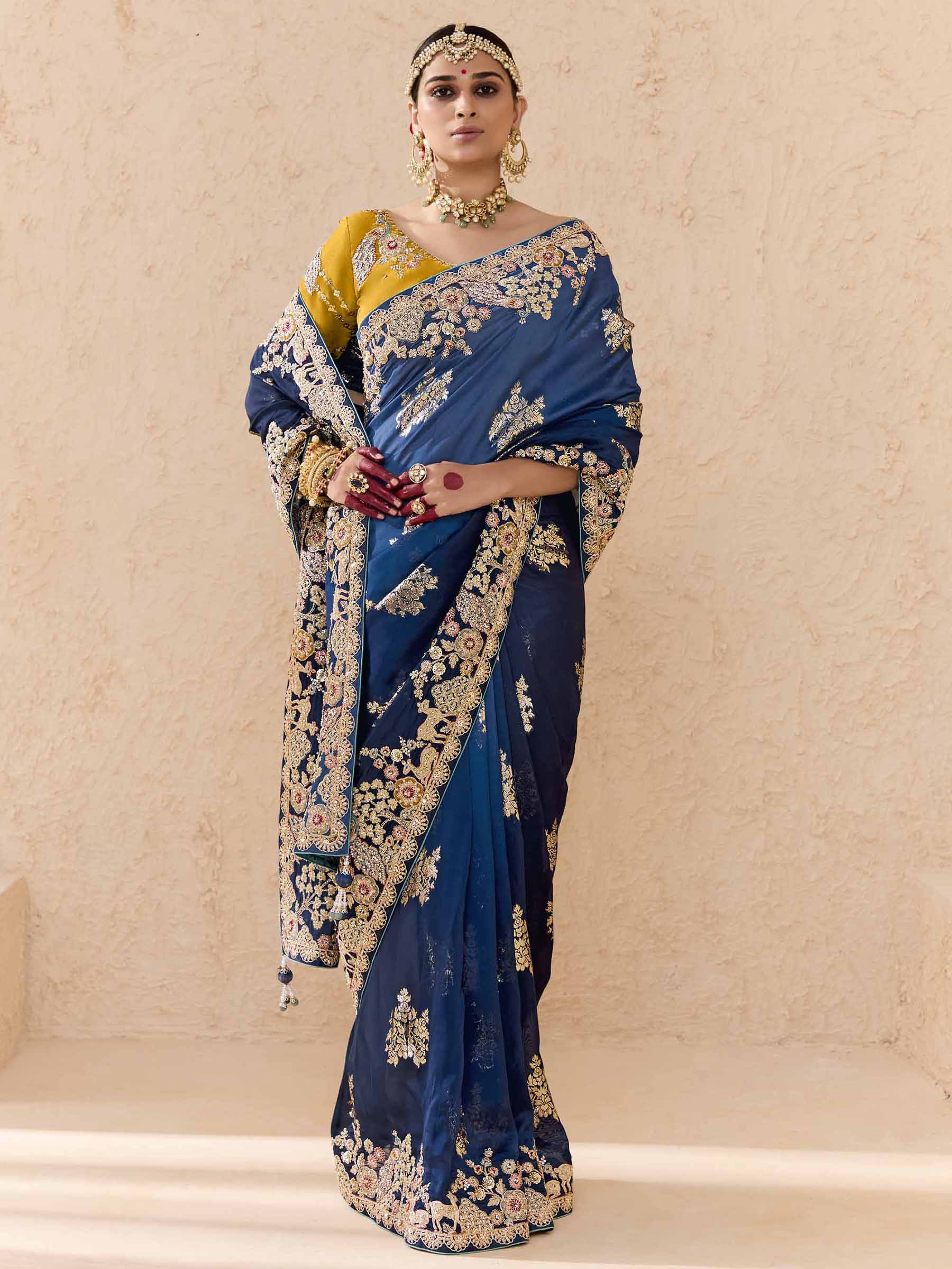 Stunning Navy Blue Thread Embroidered Viscose Engagement Wear Saree