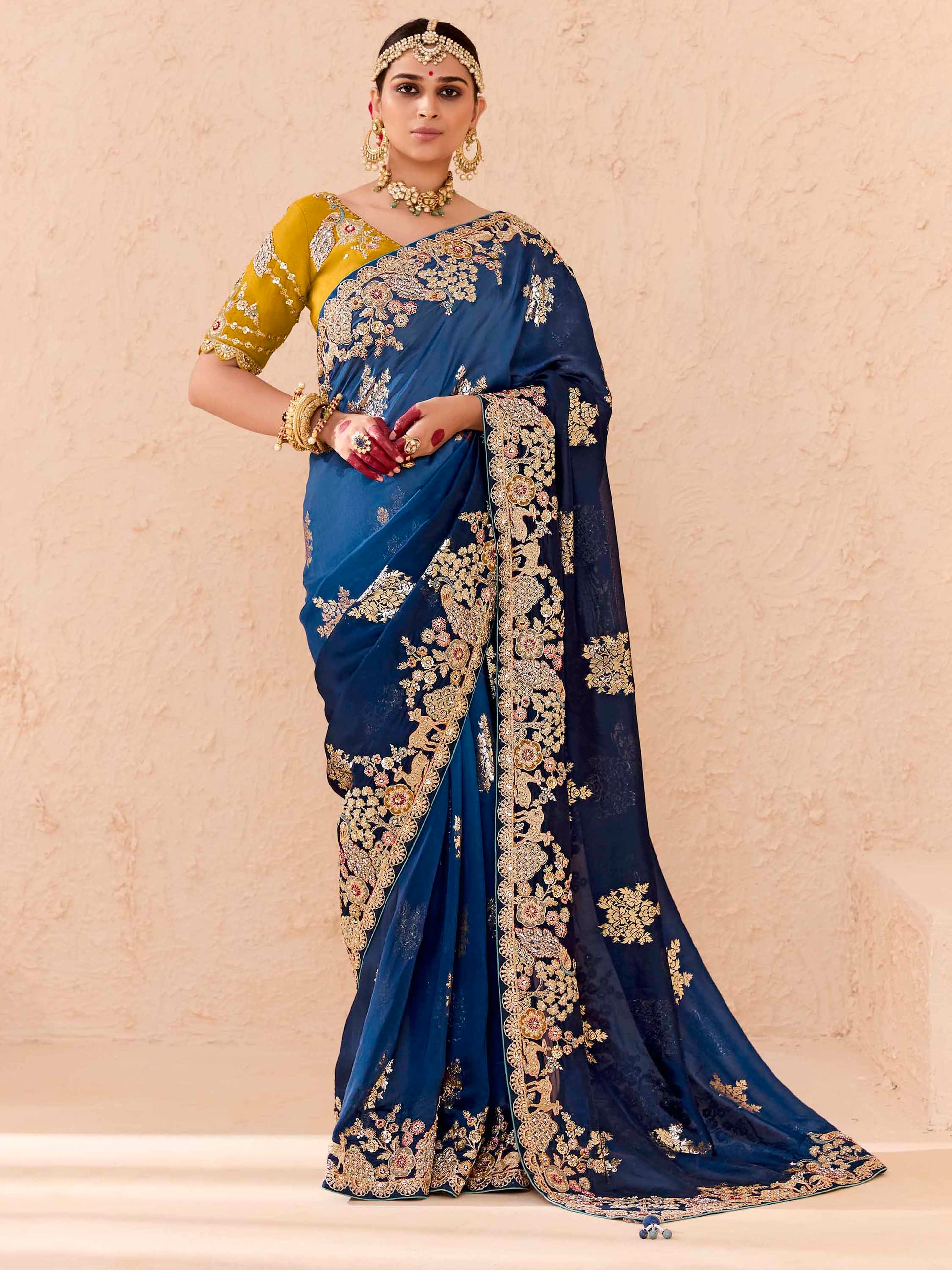 Stunning Navy Blue Thread Embroidered Viscose Engagement Wear Saree