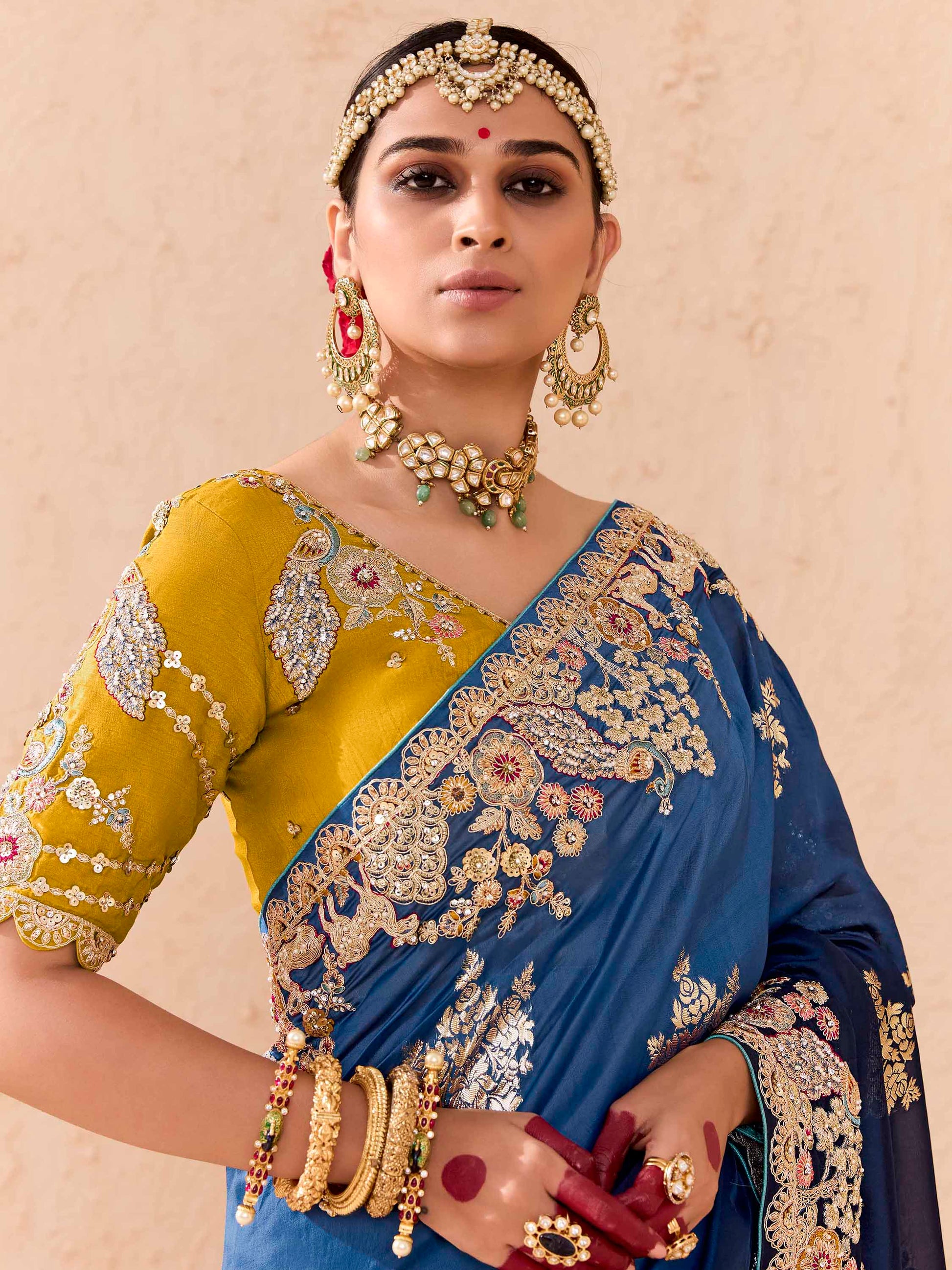 Stunning Navy Blue Thread Embroidered Viscose Engagement Wear Saree