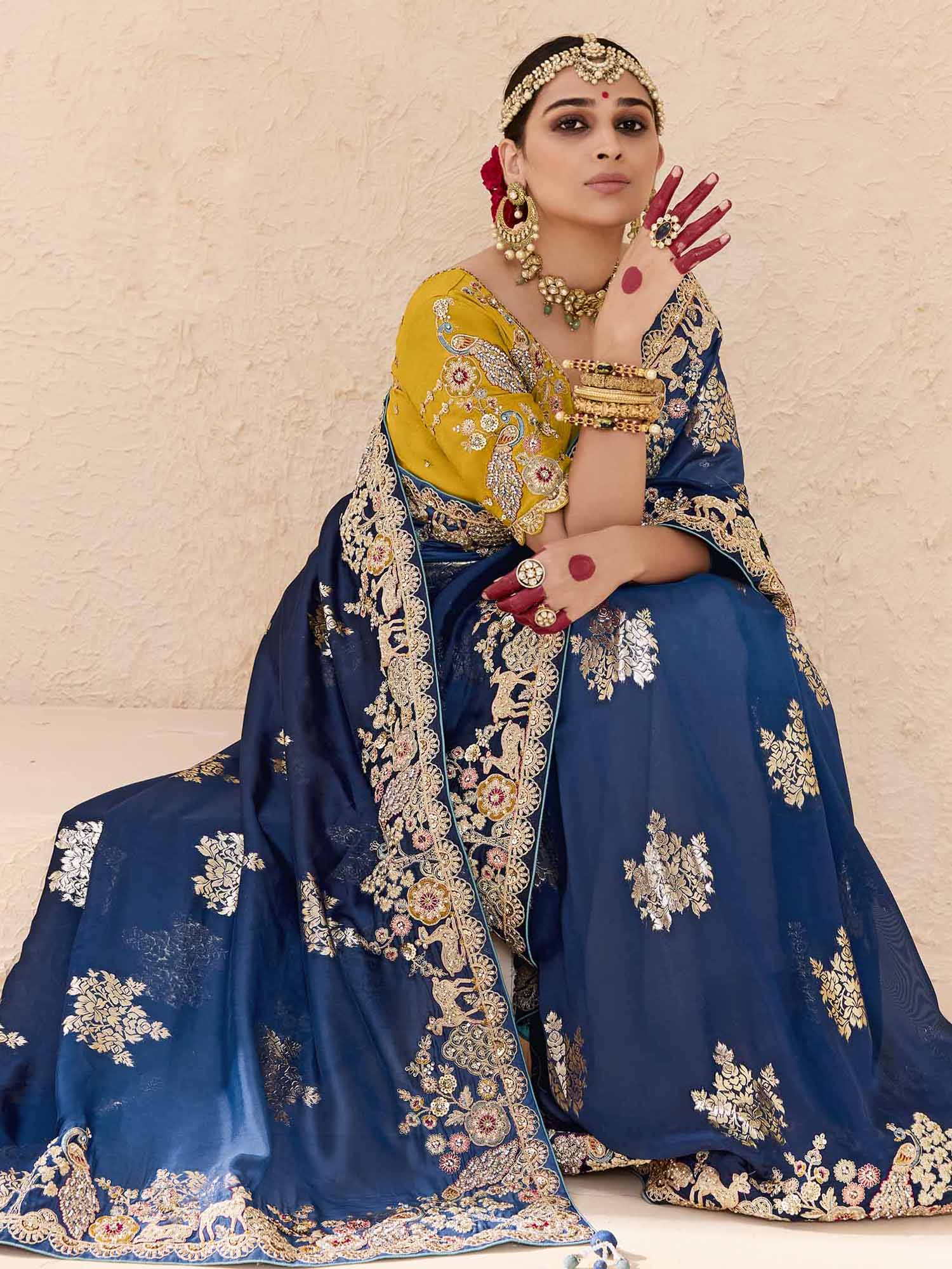 Stunning Navy Blue Thread Embroidered Viscose Engagement Wear Saree