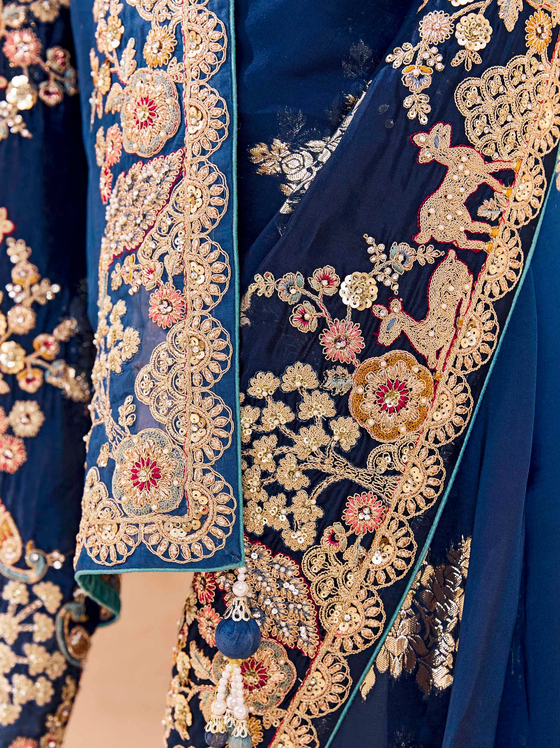 Stunning Navy Blue Thread Embroidered Viscose Engagement Wear Saree
