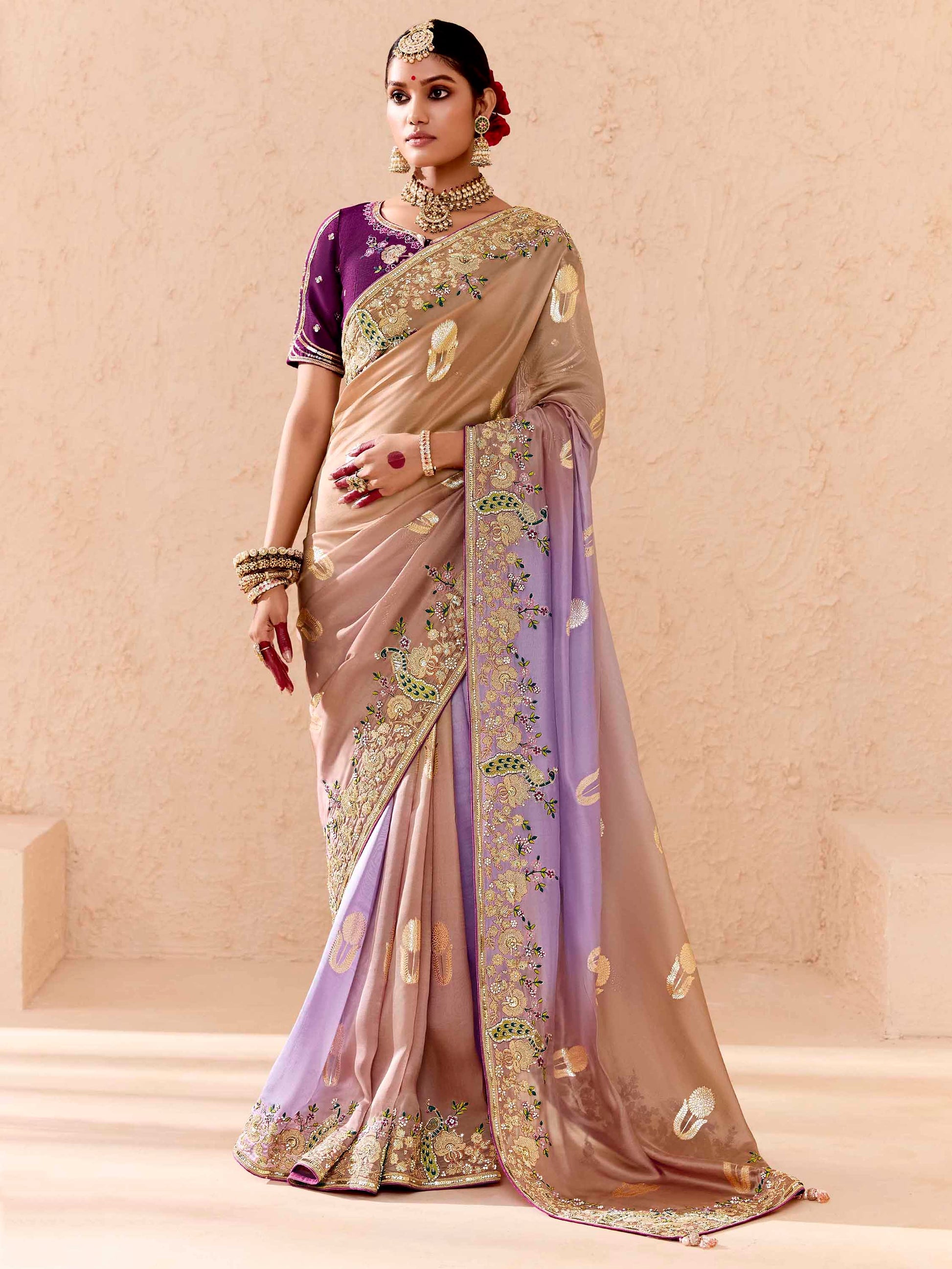 Tantalizing Ivory Thread Embroidered Viscose Bridal Wear Saree