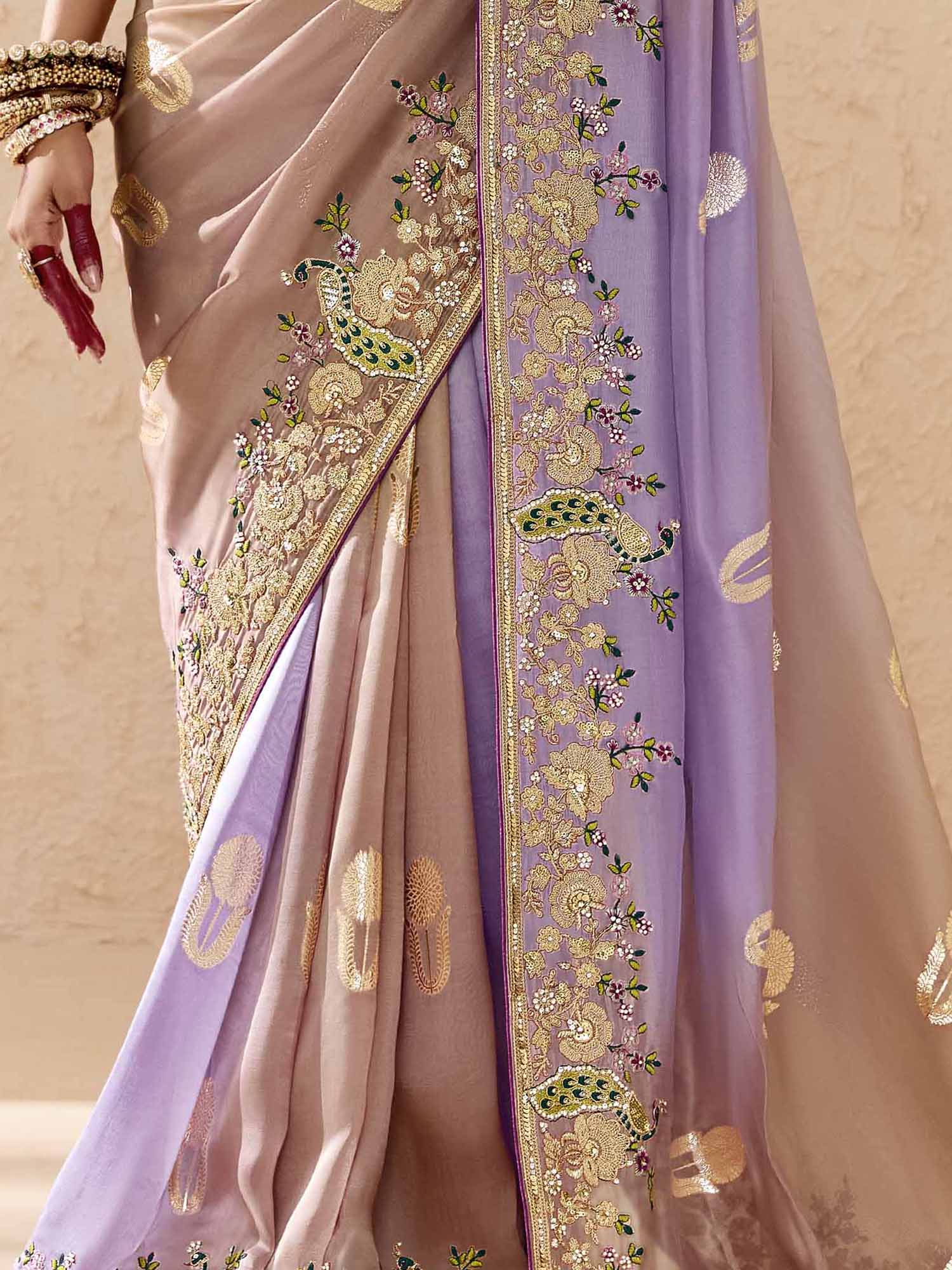 Tantalizing Ivory Thread Embroidered Viscose Bridal Wear Saree