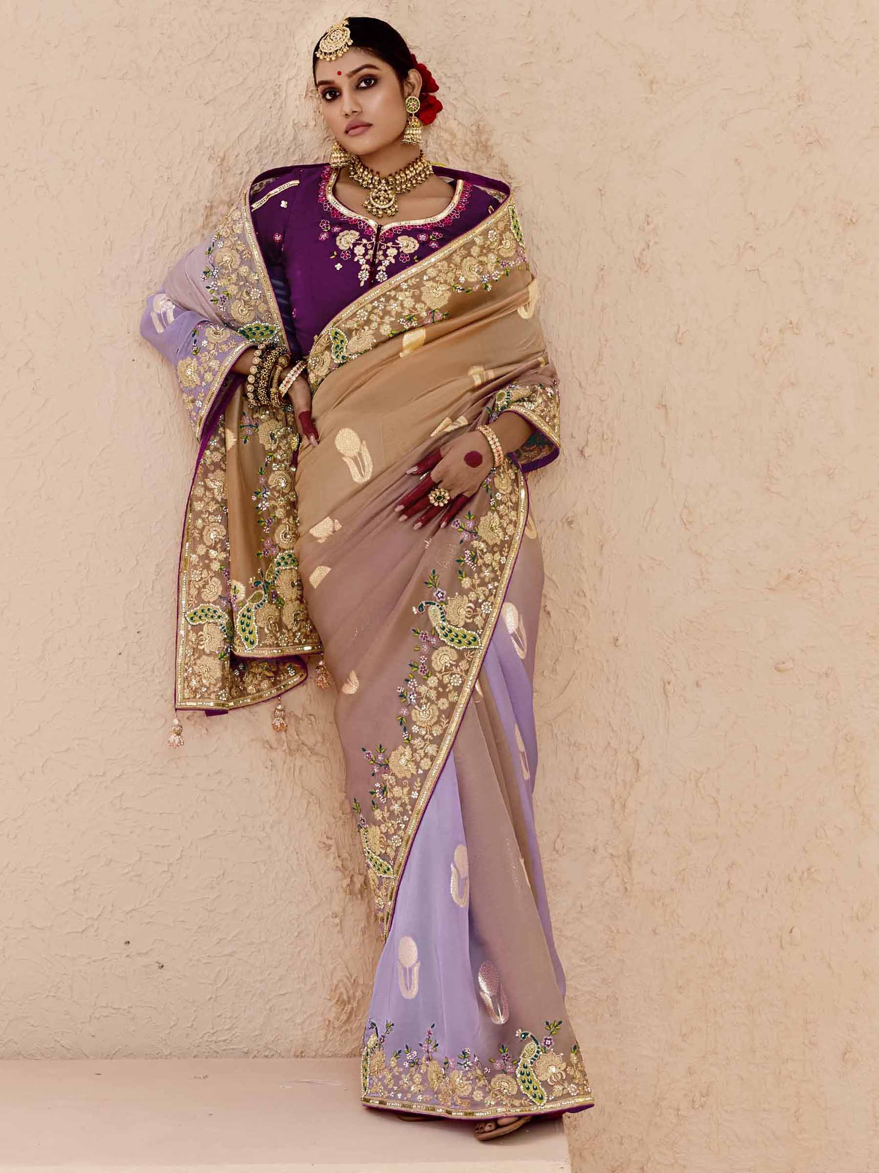 Tantalizing Ivory Thread Embroidered Viscose Bridal Wear Saree