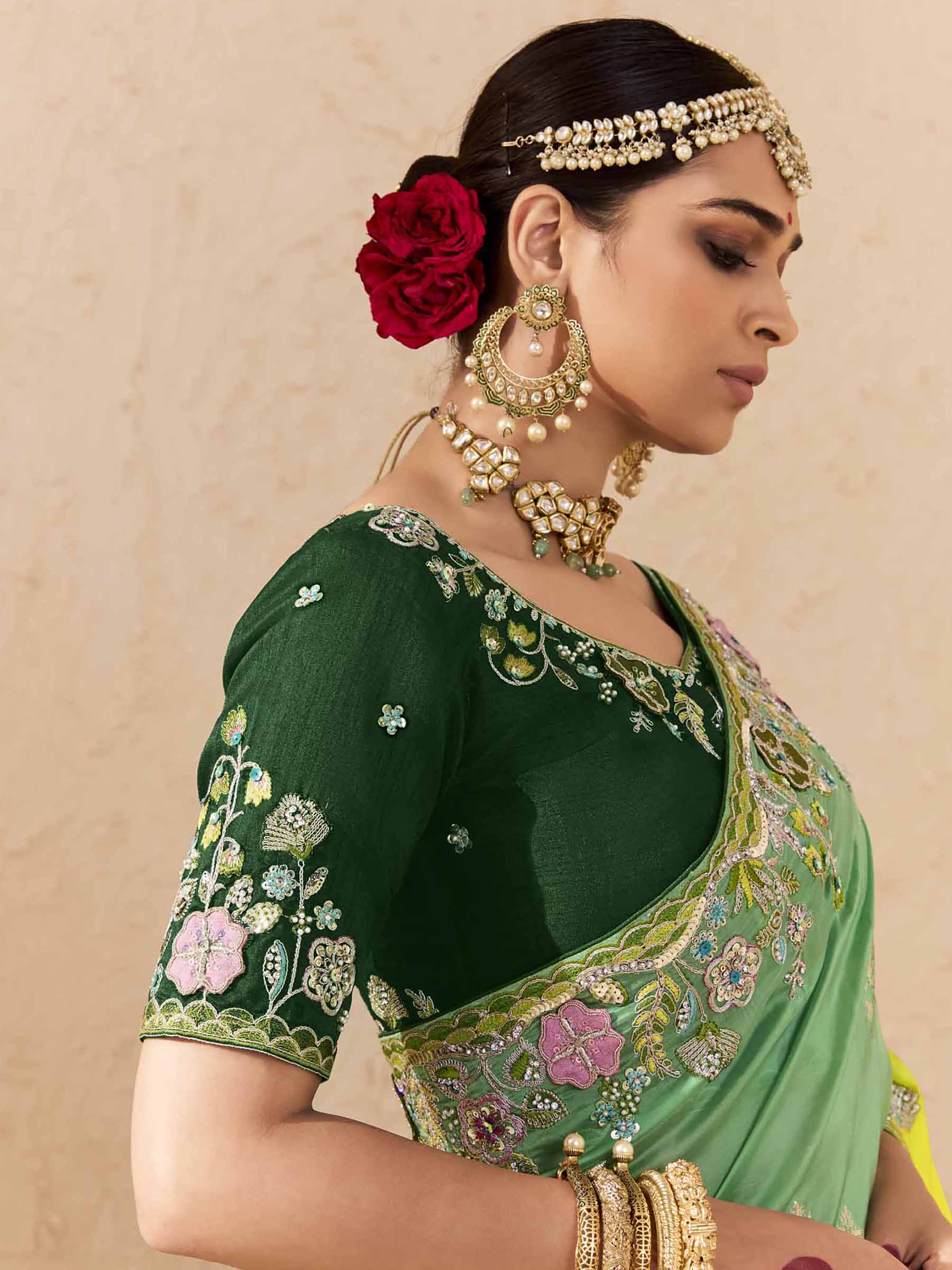 Beautiful Green Thread Embroidered Viscose Evening Wear Saree