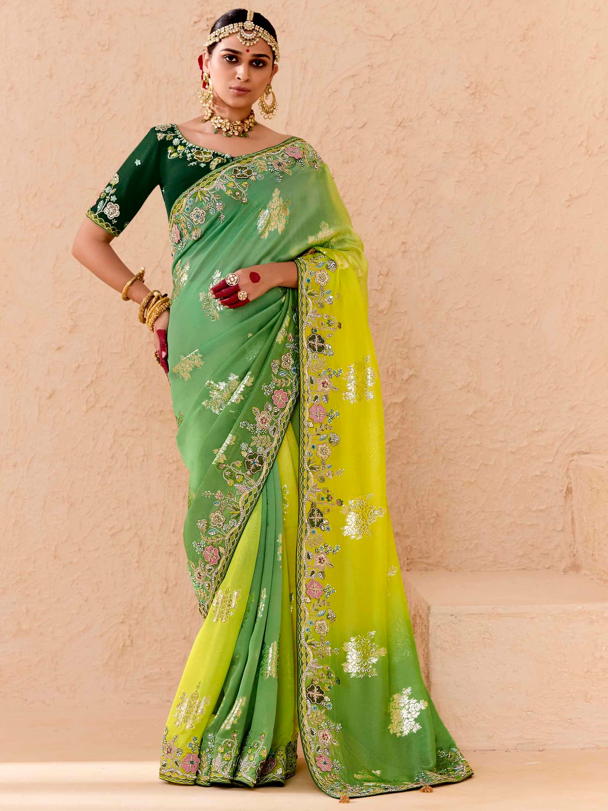Beautiful Green Thread Embroidered Viscose Evening Wear Saree