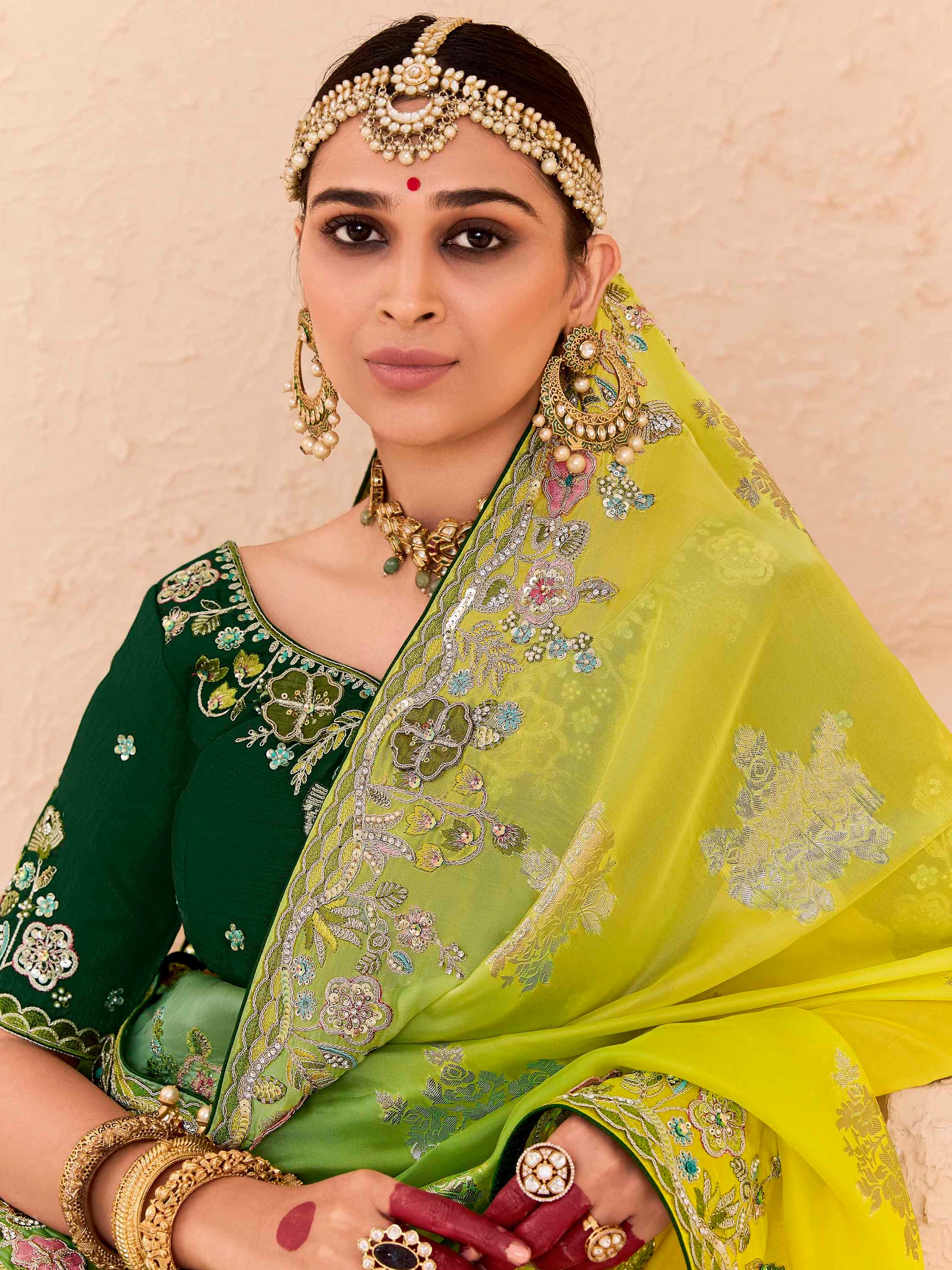 Beautiful Green Thread Embroidered Viscose Evening Wear Saree
