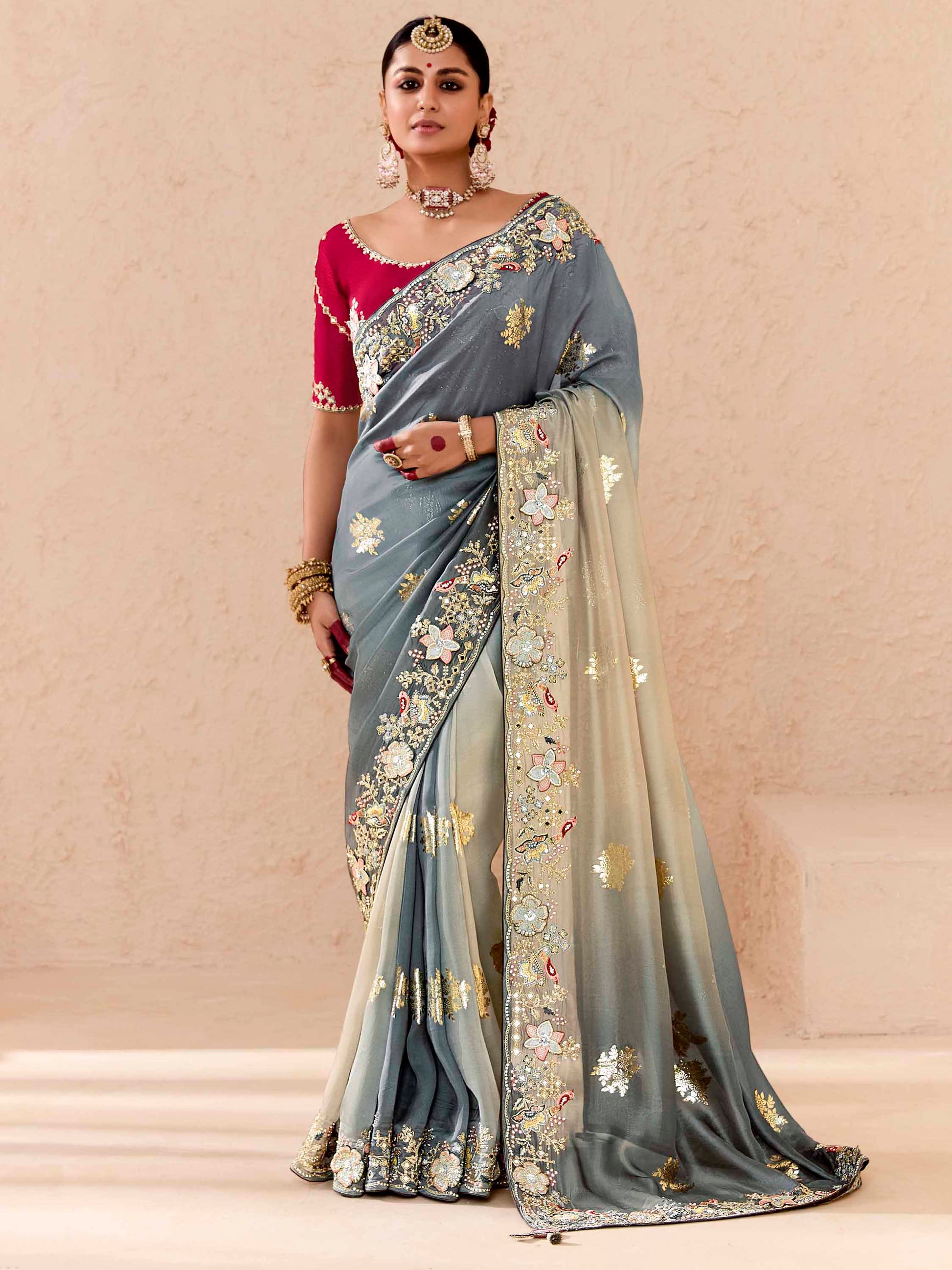 Bewitching Grey Thread Embroidered Viscose Wedding Wear Saree