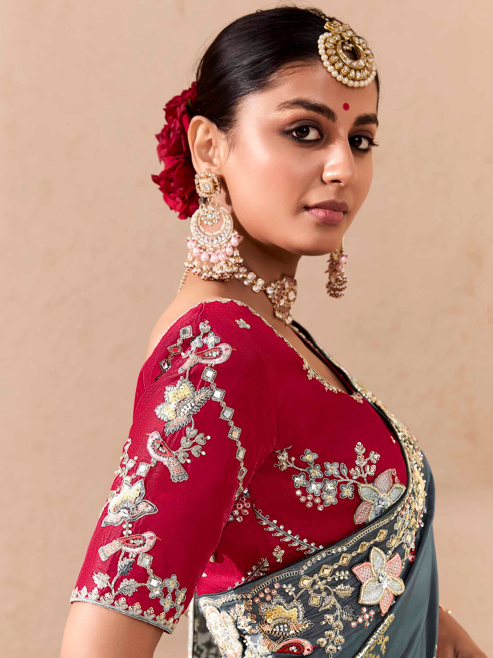 Bewitching Grey Thread Embroidered Viscose Wedding Wear Saree