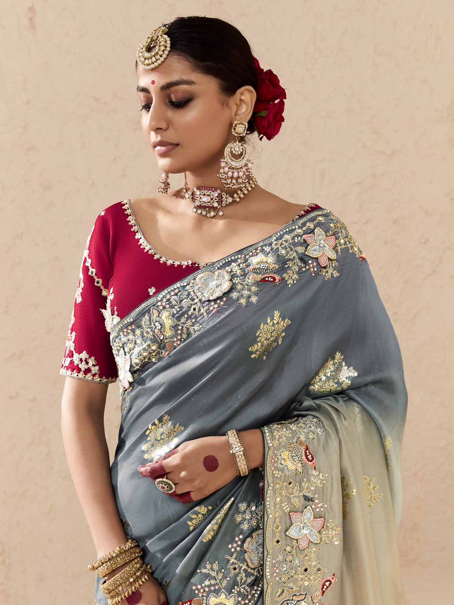 Bewitching Grey Thread Embroidered Viscose Wedding Wear Saree