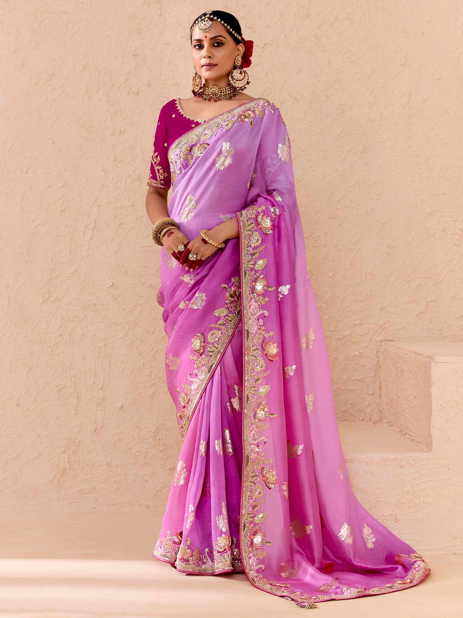 Tantalizing Purple Thread Embroidered Viscose Engagement Wear Saree