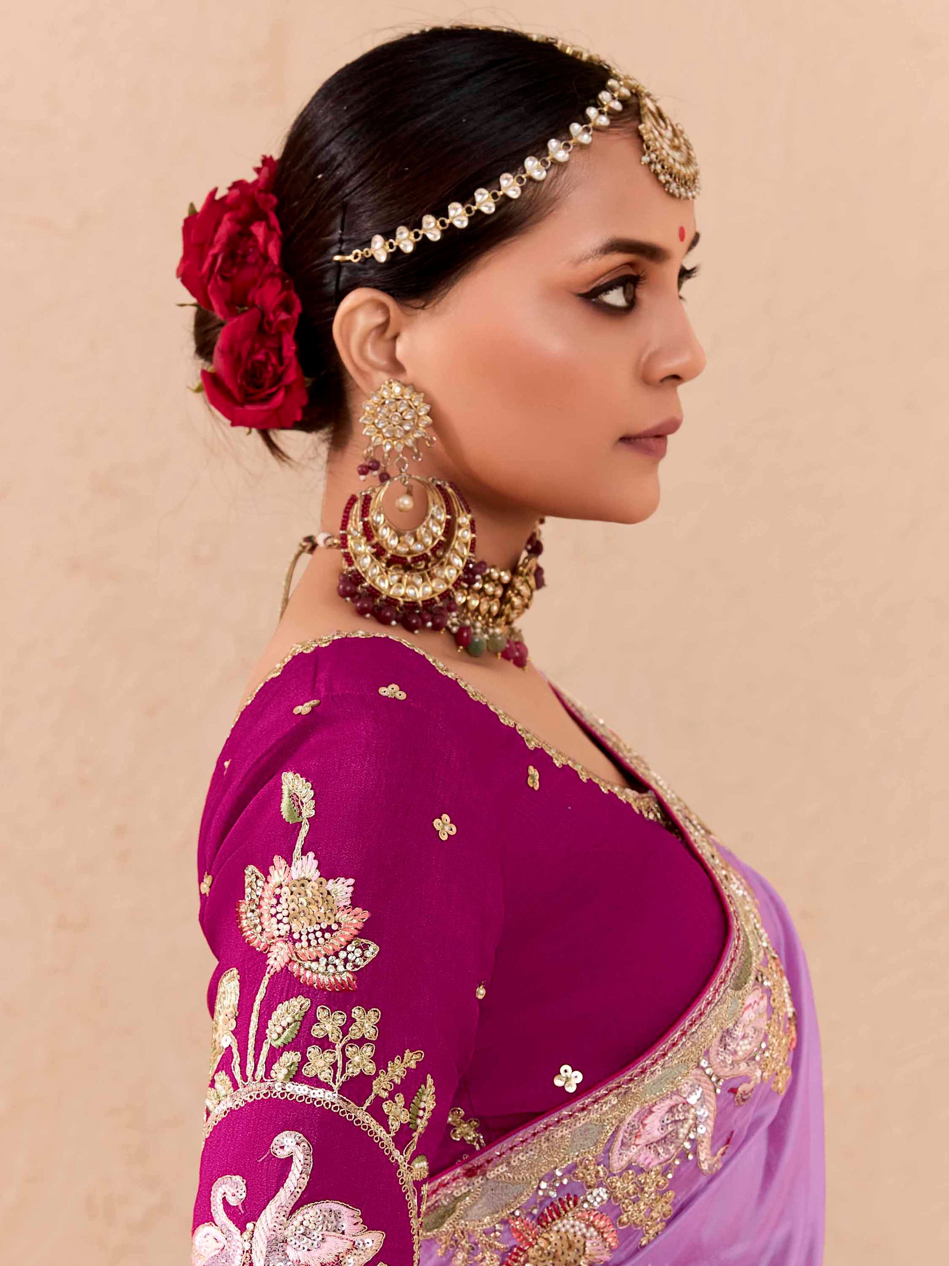 Tantalizing Purple Thread Embroidered Viscose Engagement Wear Saree