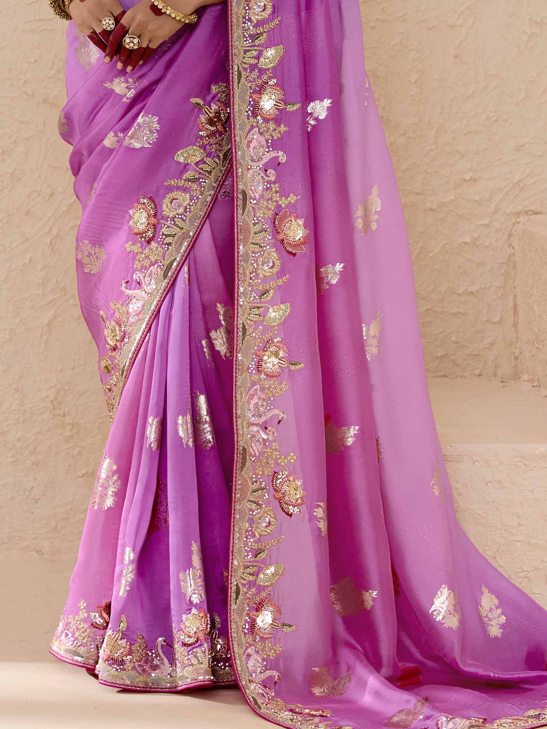 Tantalizing Purple Thread Embroidered Viscose Engagement Wear Saree