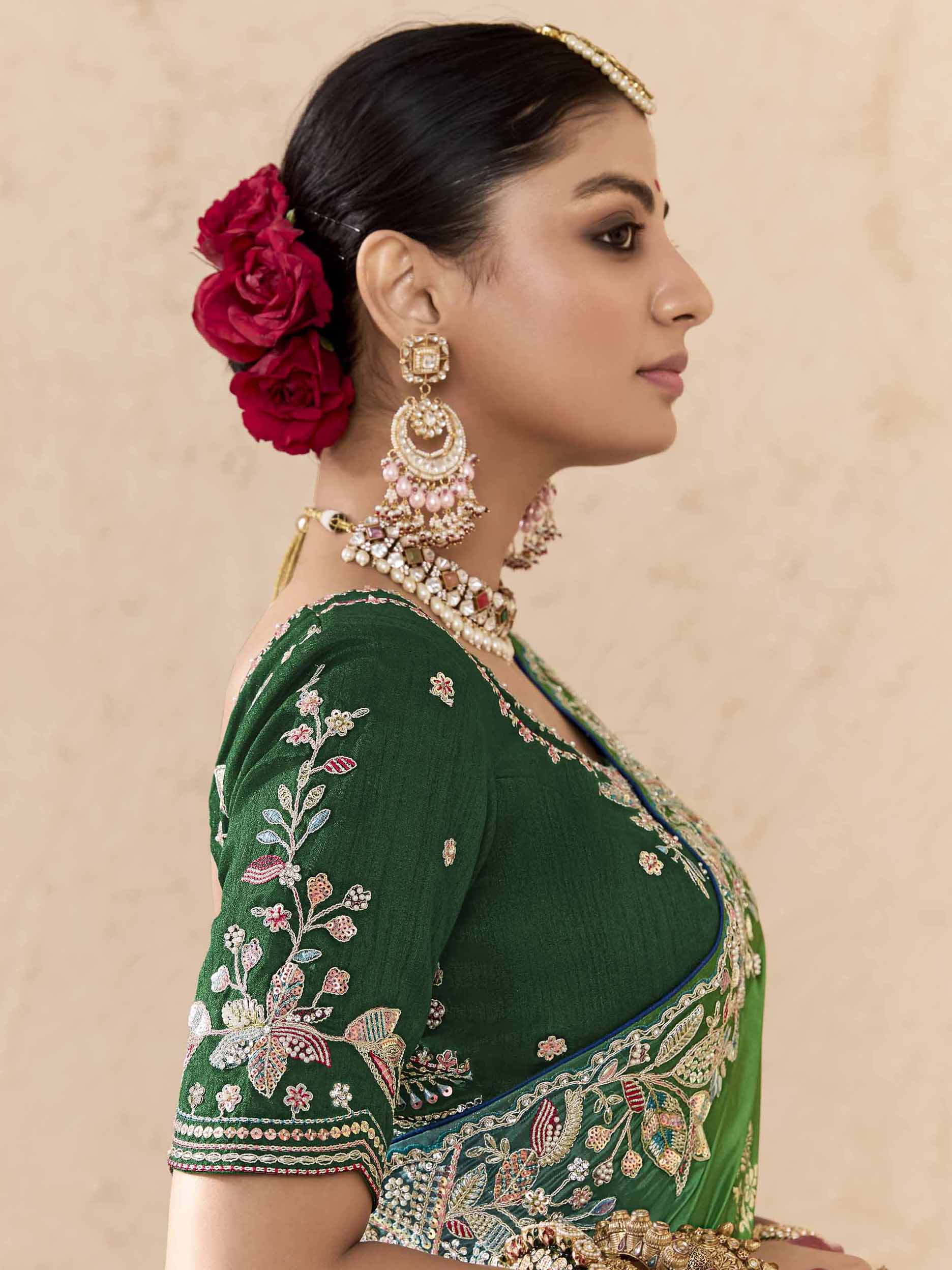 Magnetic Green Thread Embroidered Viscose Bridal Wear Saree