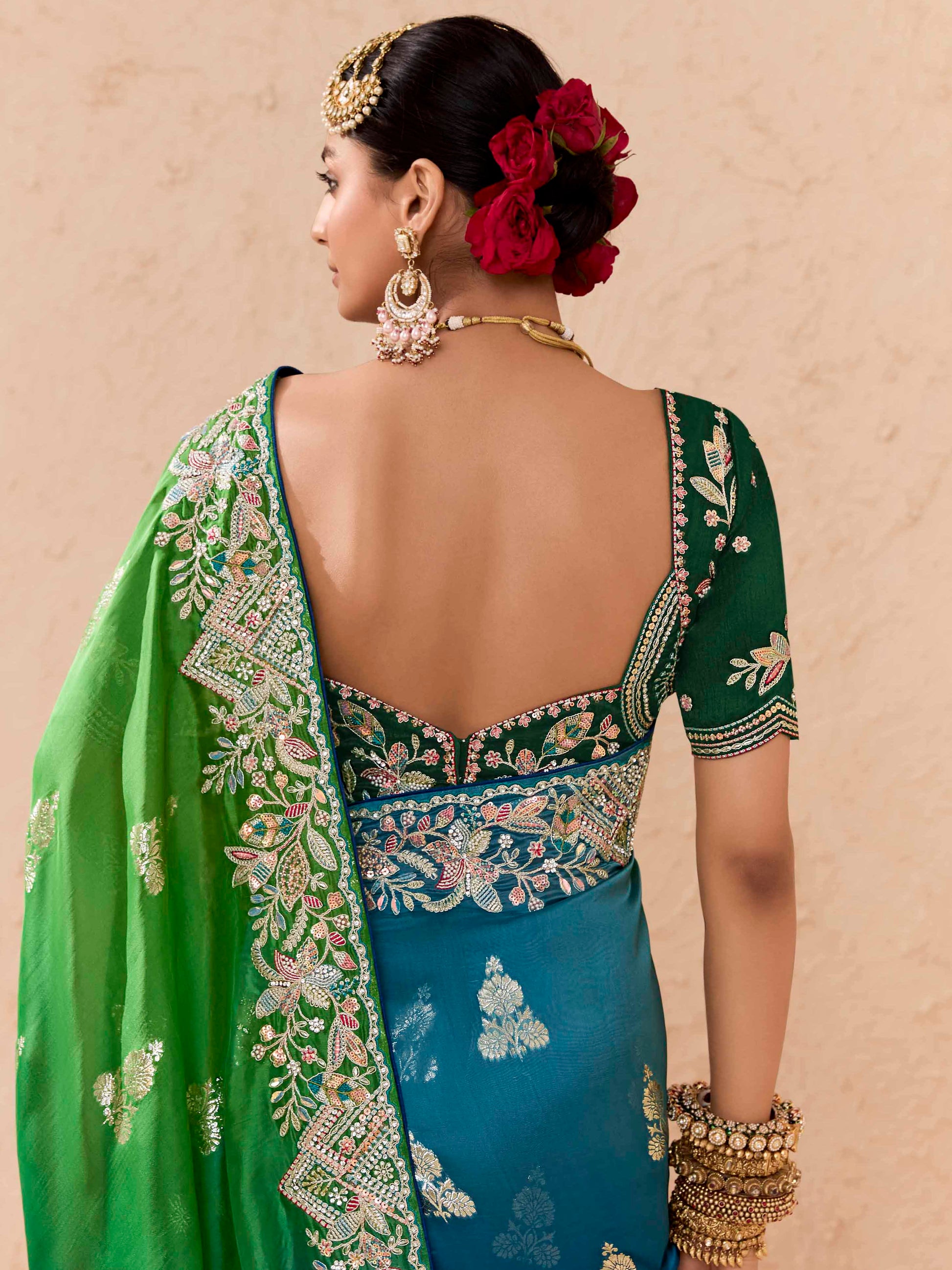 Magnetic Green Thread Embroidered Viscose Bridal Wear Saree