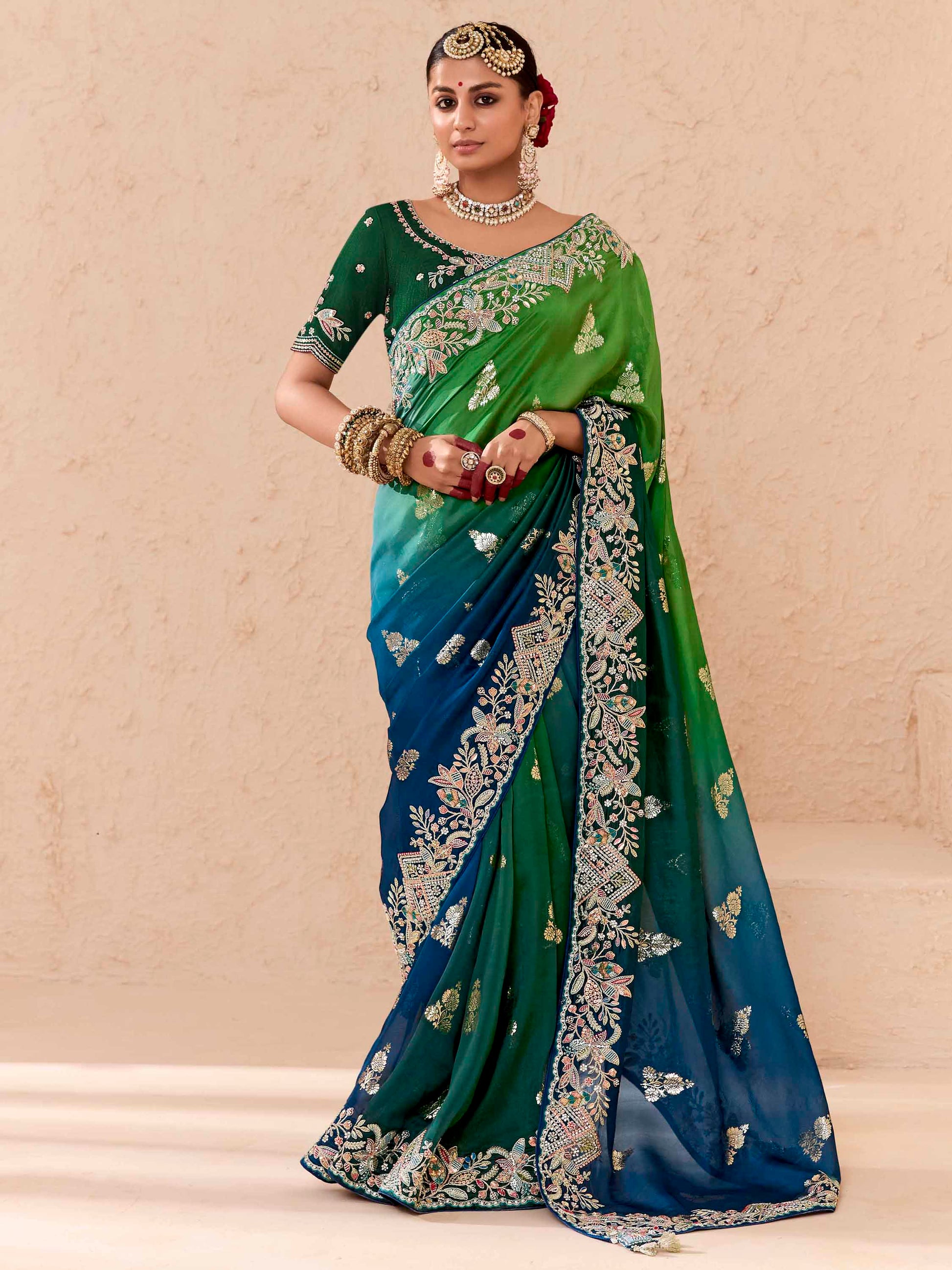 Magnetic Green Thread Embroidered Viscose Bridal Wear Saree