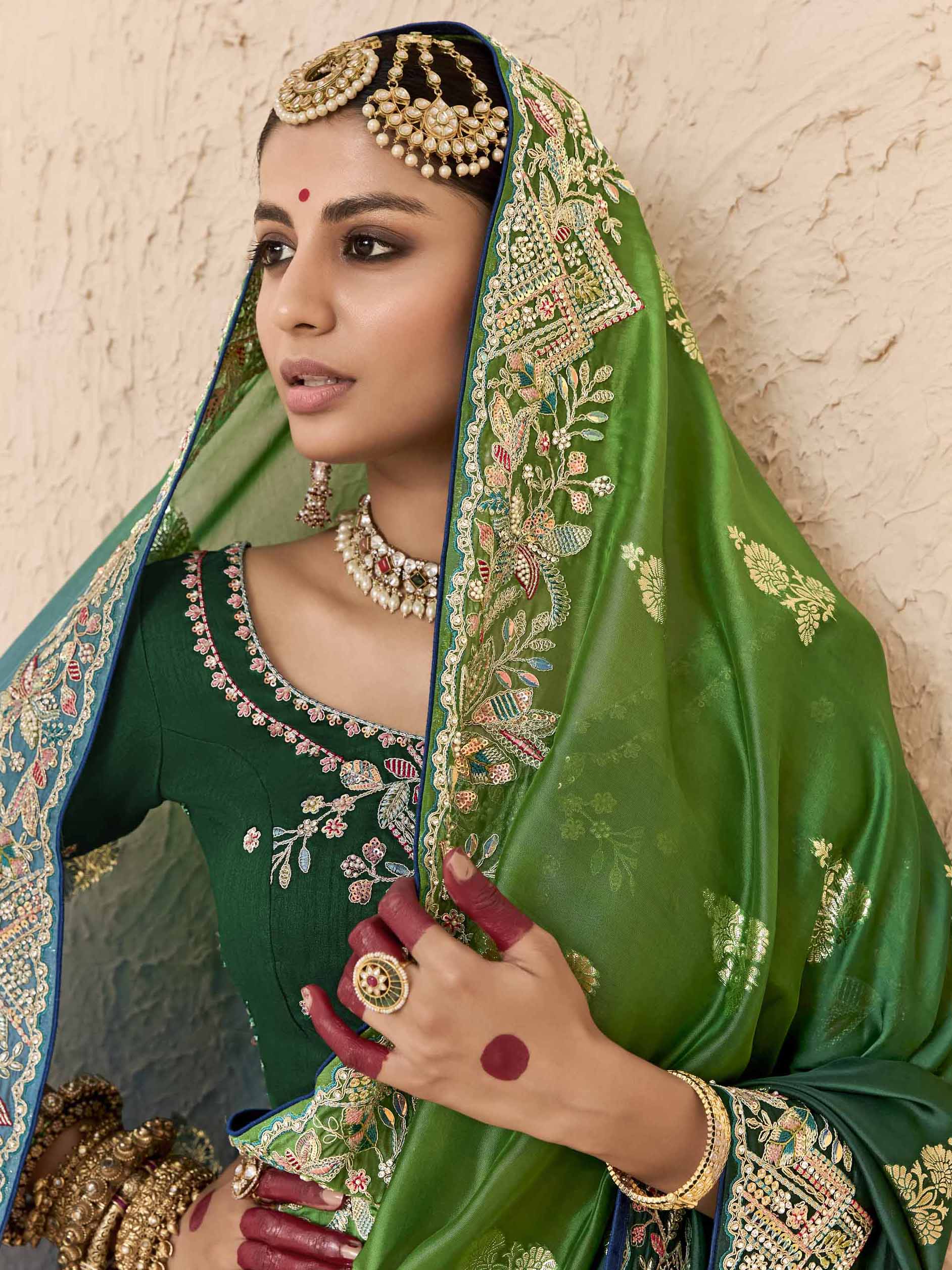 Magnetic Green Thread Embroidered Viscose Bridal Wear Saree