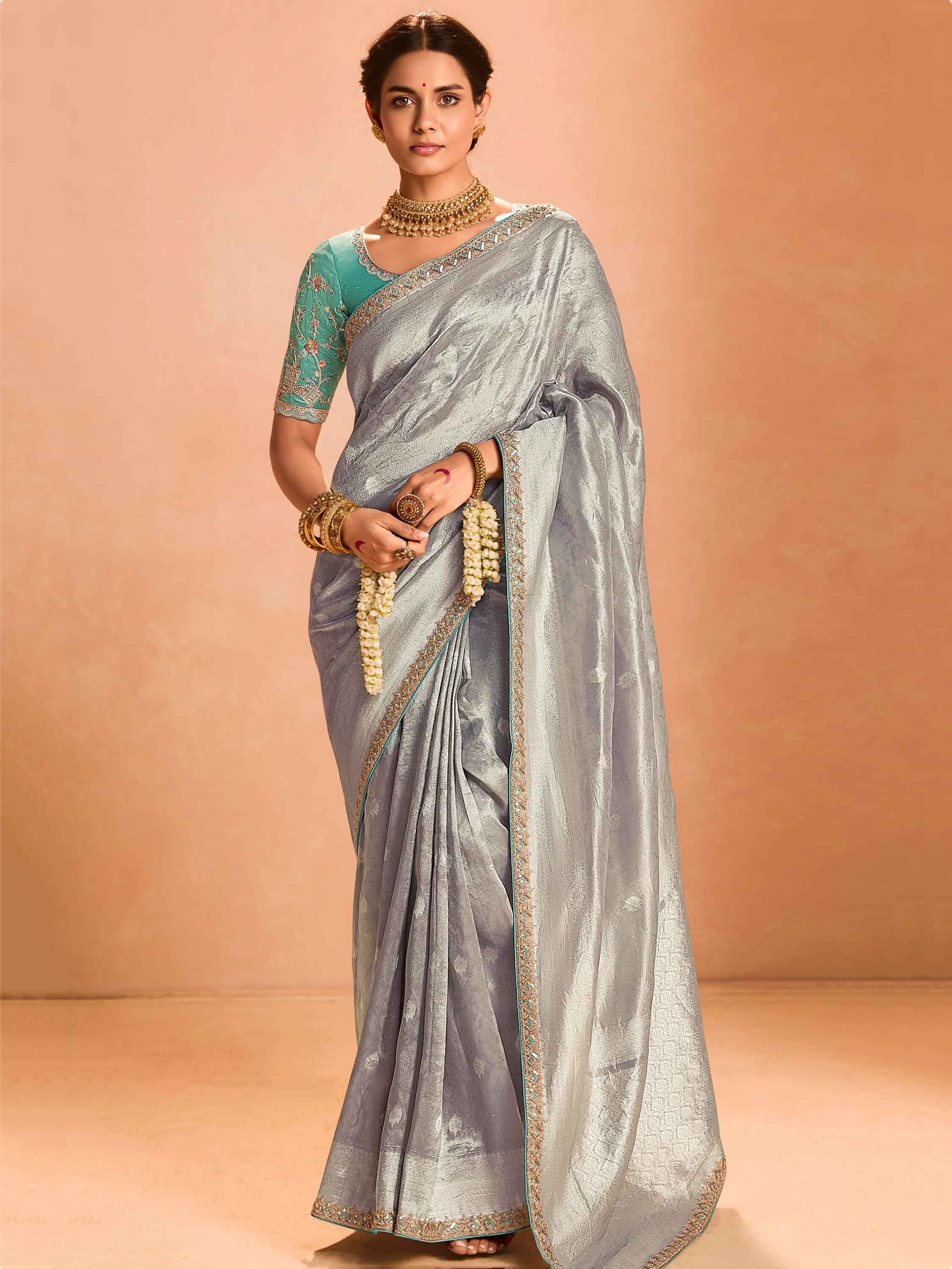 Pretty Grey Color Zari Weaving Silk Event Wear Saree With Blouse