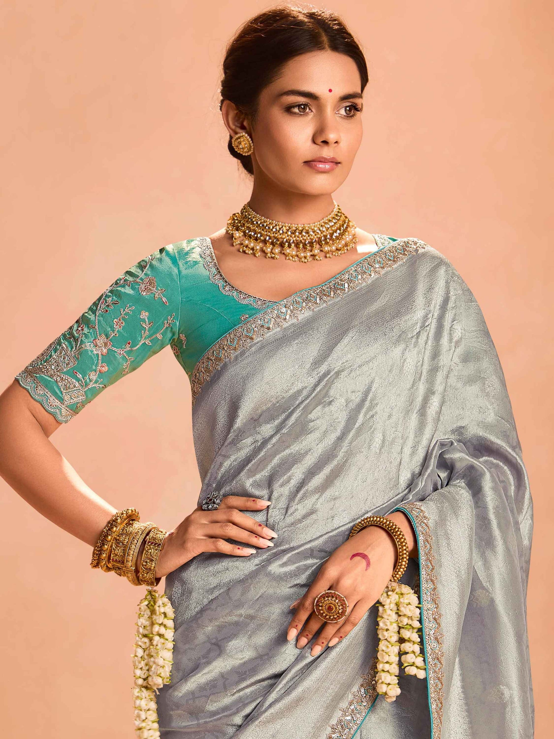 Pretty Grey Color Zari Weaving Silk Event Wear Saree With Blouse