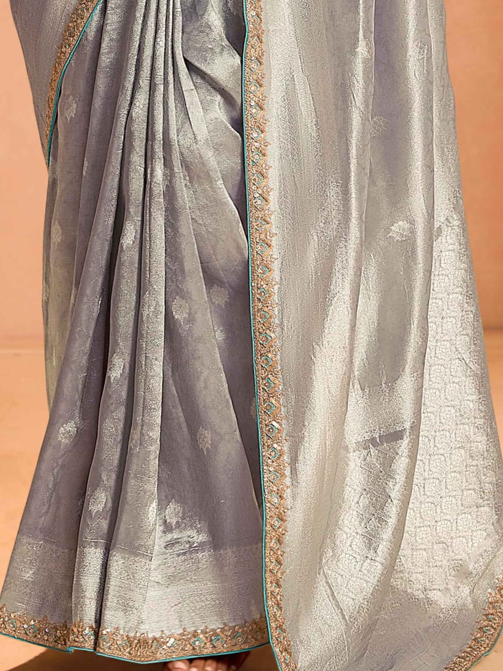Pretty Grey Color Zari Weaving Silk Event Wear Saree With Blouse
