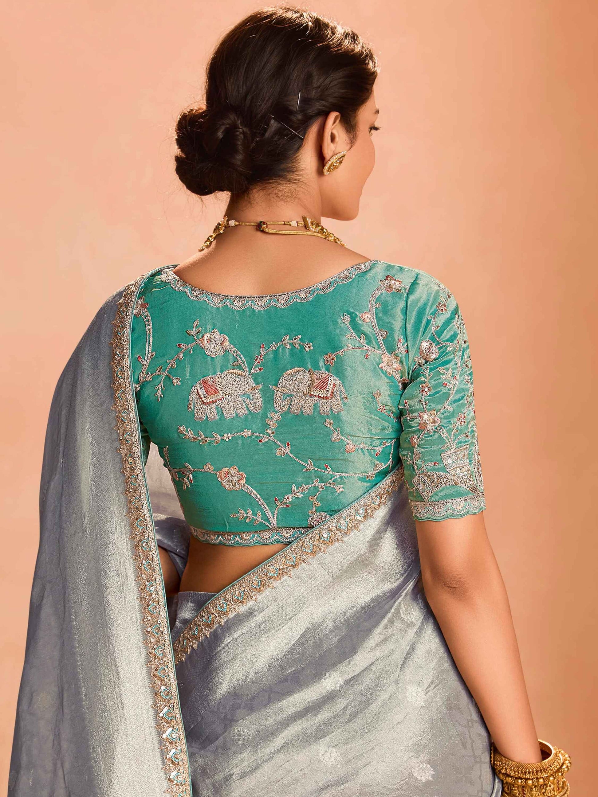 Pretty Grey Color Zari Weaving Silk Event Wear Saree With Blouse