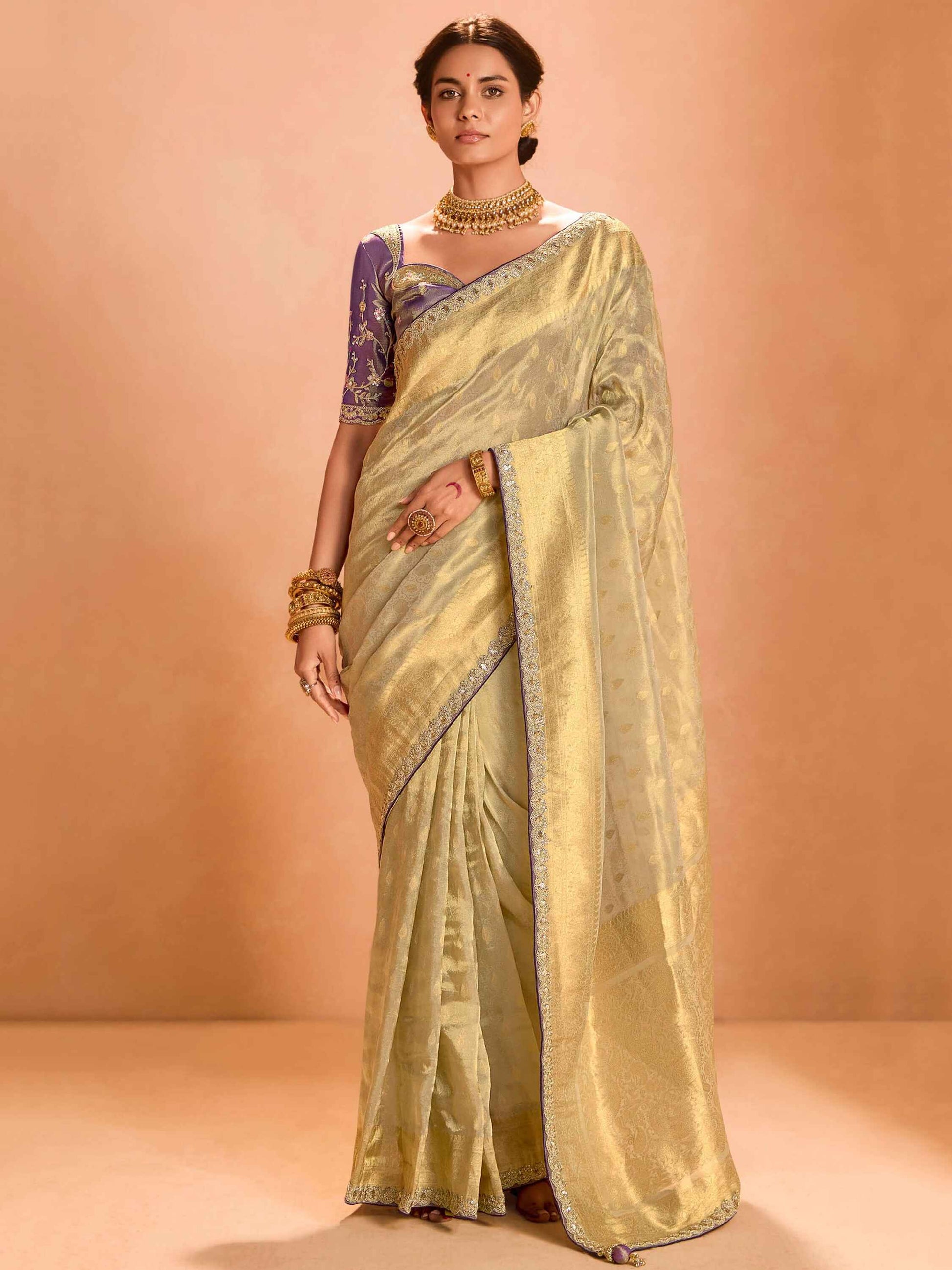 Surprising Ivory Color Zari Weaving Silk Festival Wear Saree