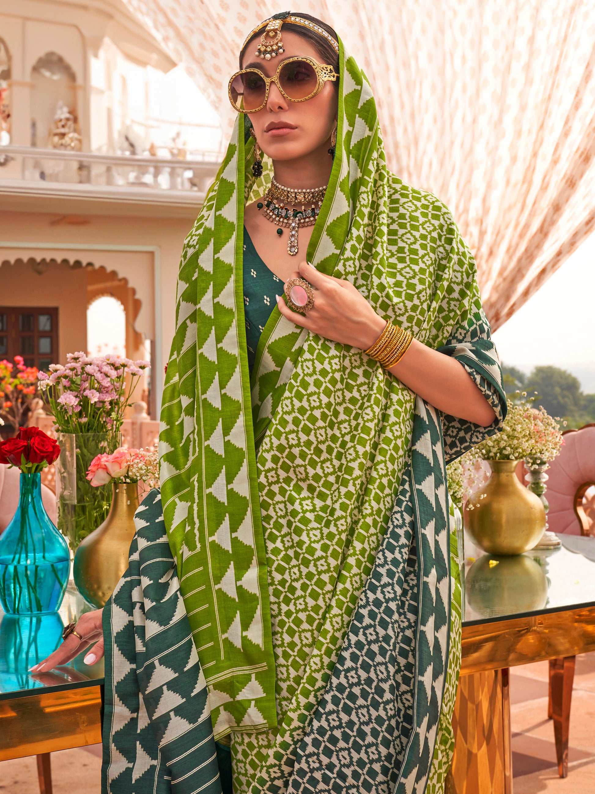 Stunning Green Digital Printed Silk Event Wear Saree With Blouse