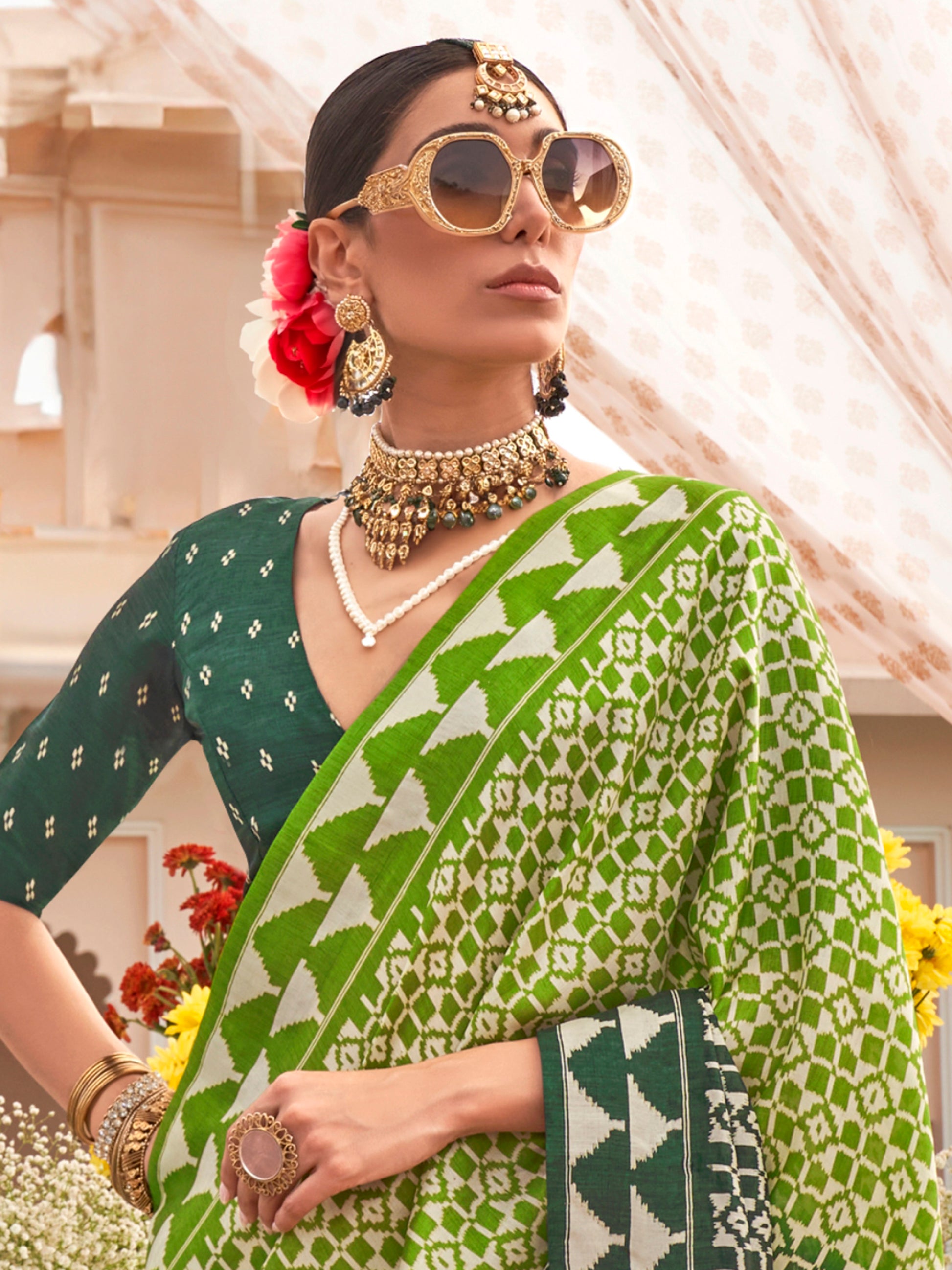 Stunning Green Digital Printed Silk Event Wear Saree With Blouse