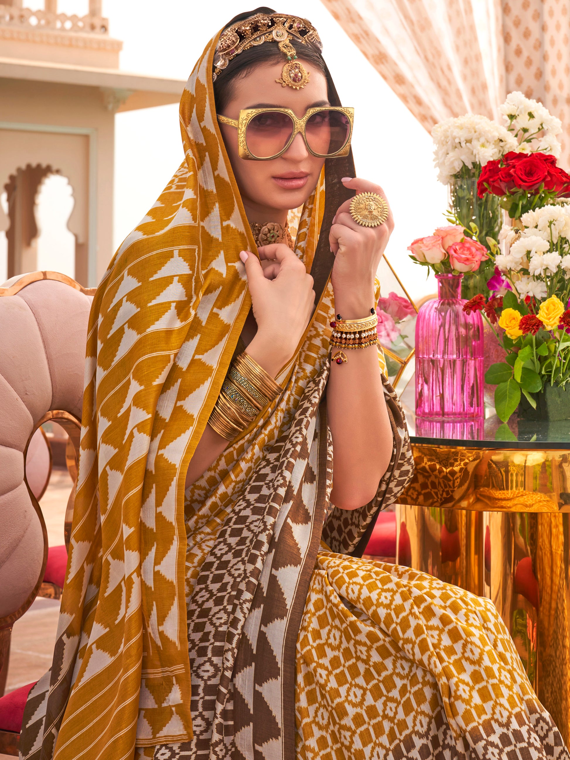 Glamorous Mustard Yellow Digital Printed Silk Haldi Wear Saree