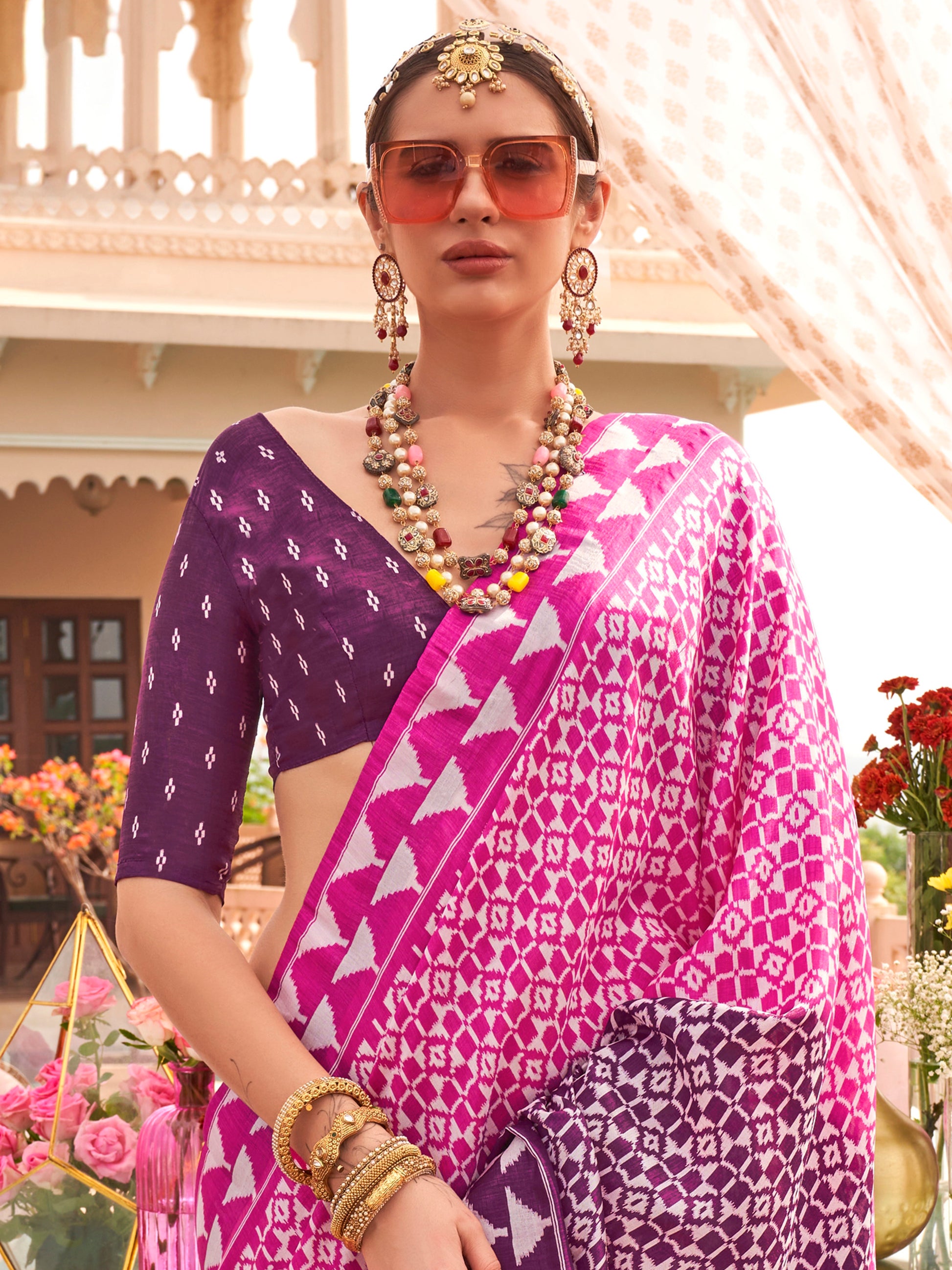 Incredible Pink Digital Printed Silk Festival Wear Saree With Blouse
