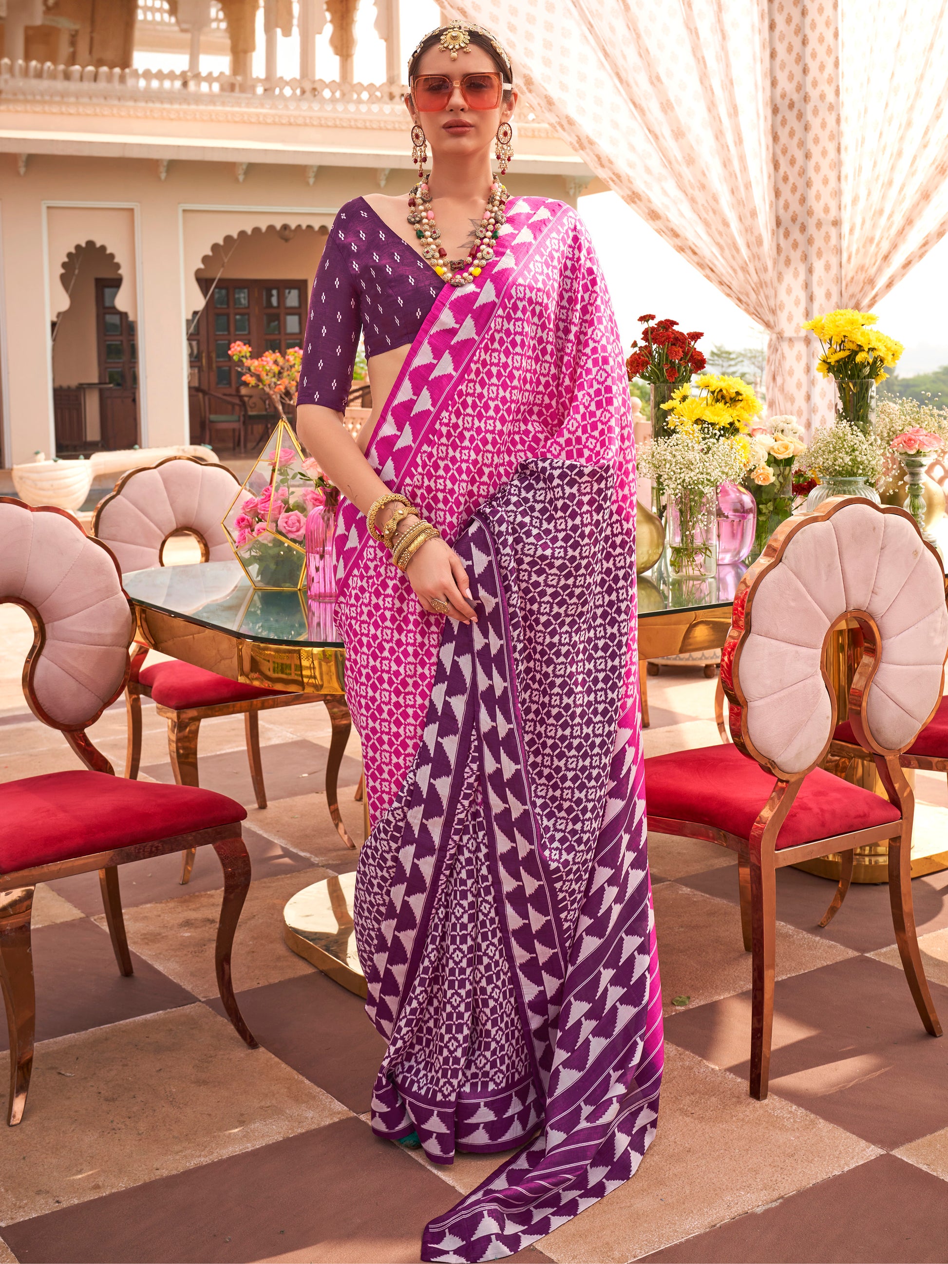 Incredible Pink Digital Printed Silk Festival Wear Saree With Blouse