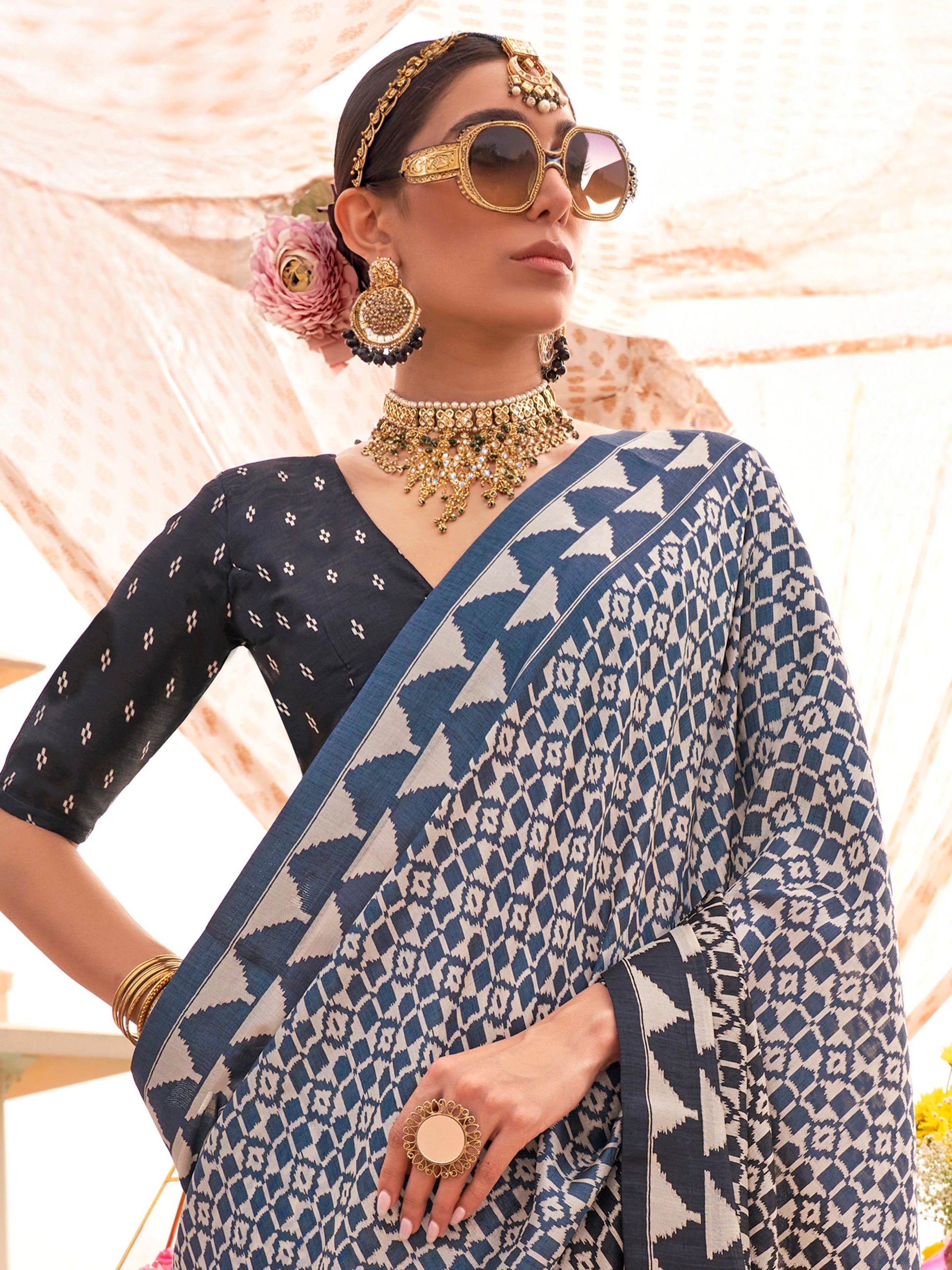 Beautiful Navy Blue Digital Printed Silk Festival Wear Saree With Blouse