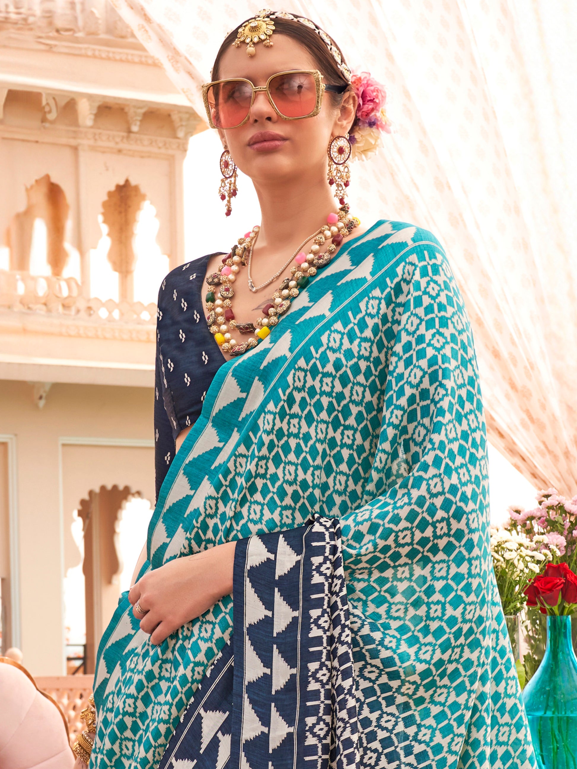 Captivating Sky-Blue Digital Printed Silk Traditional Saree With Blouse
