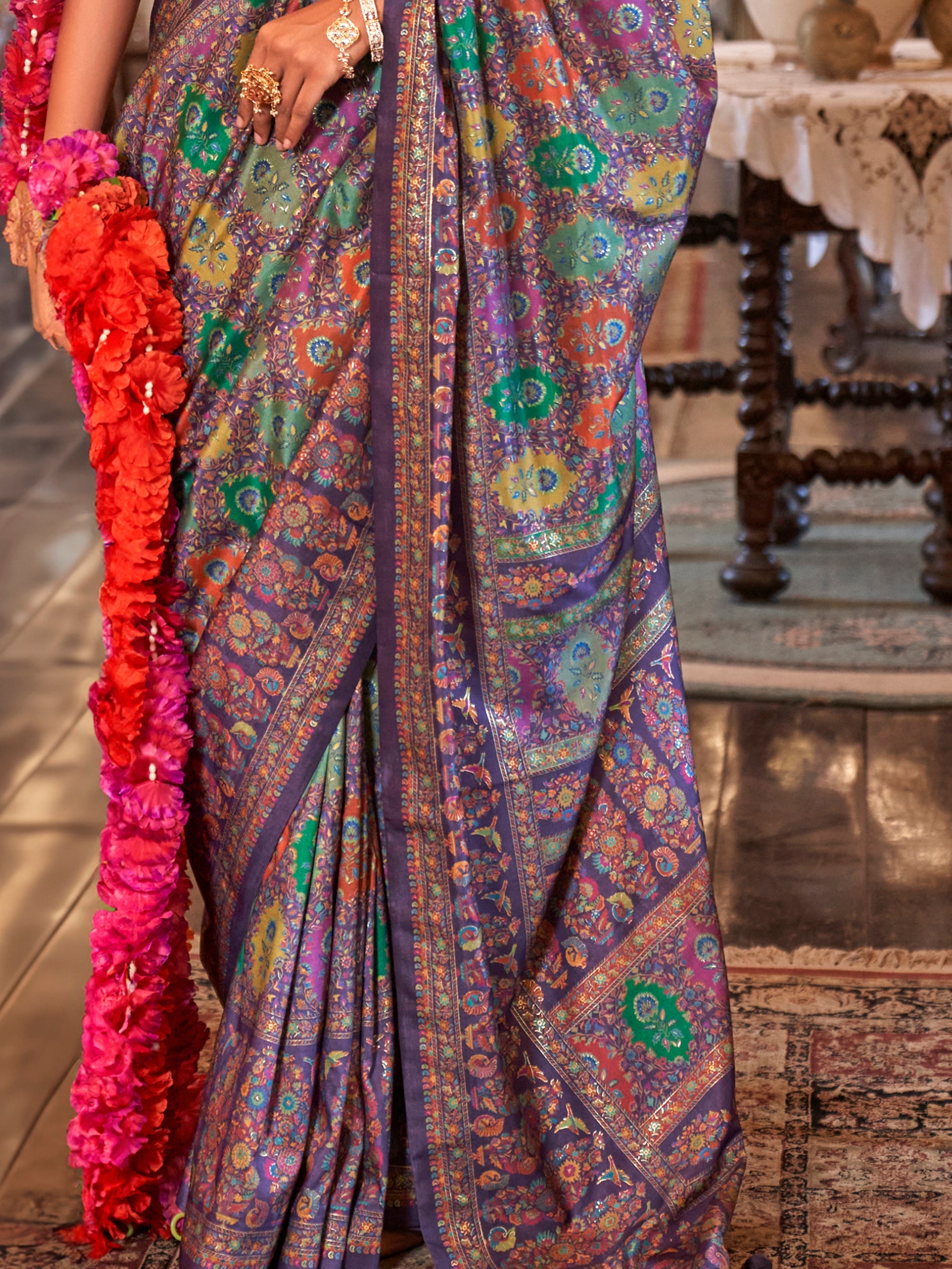 Marvelous Purple Foil Printed Silk Festive Wear Saree With Blouse