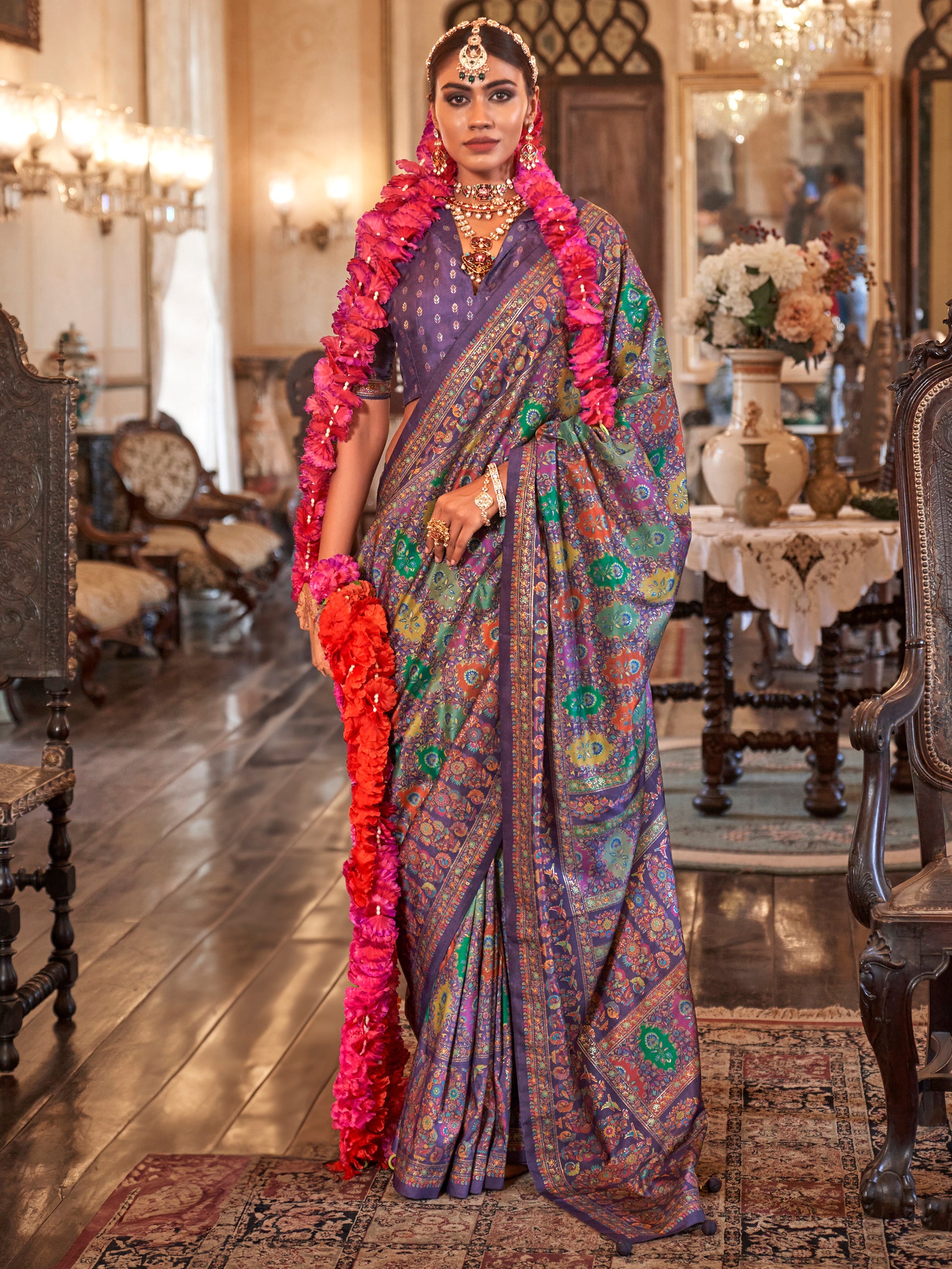 Marvelous Purple Foil Printed Silk Festive Wear Saree With Blouse