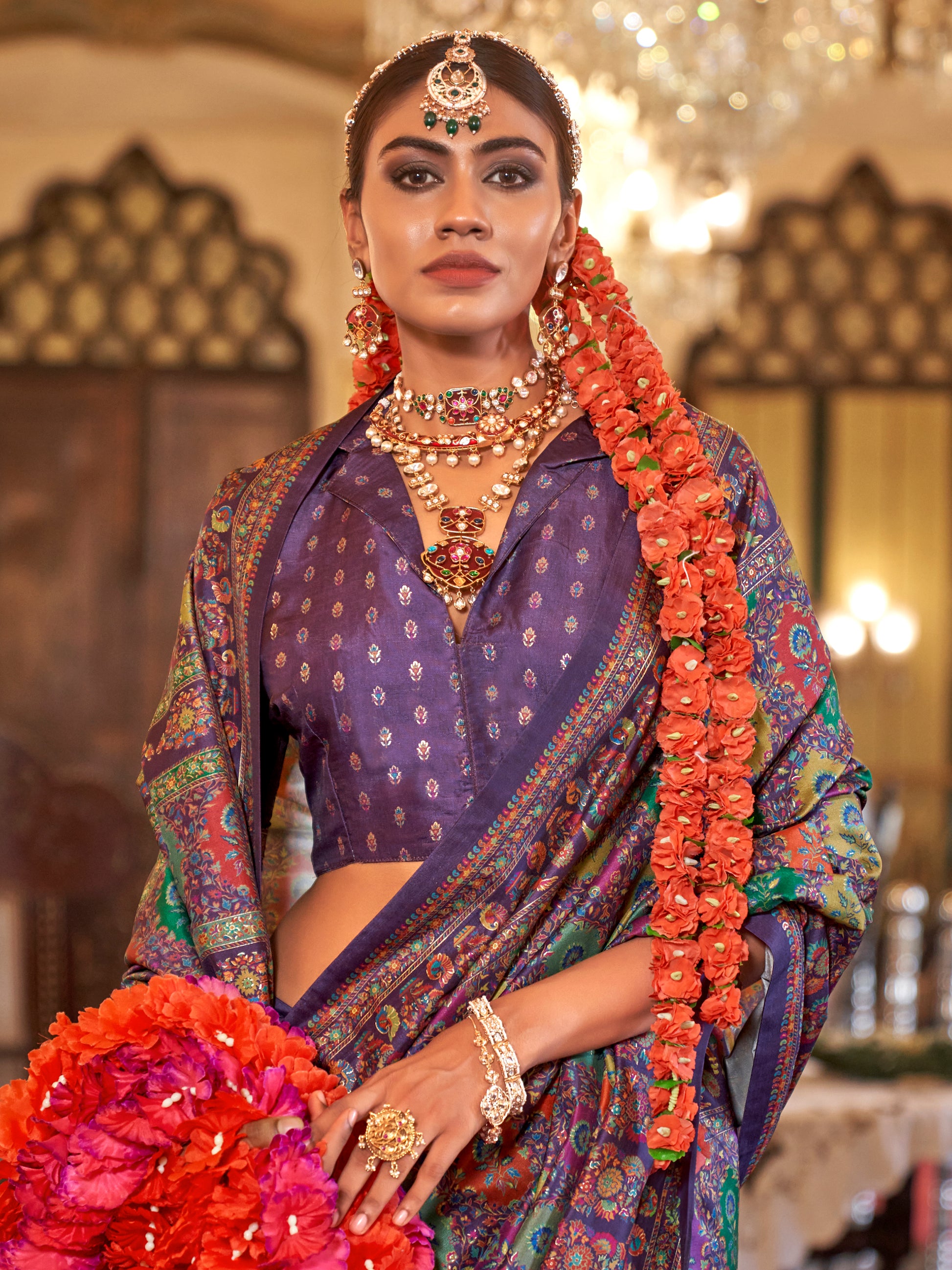 Marvelous Purple Foil Printed Silk Festive Wear Saree With Blouse