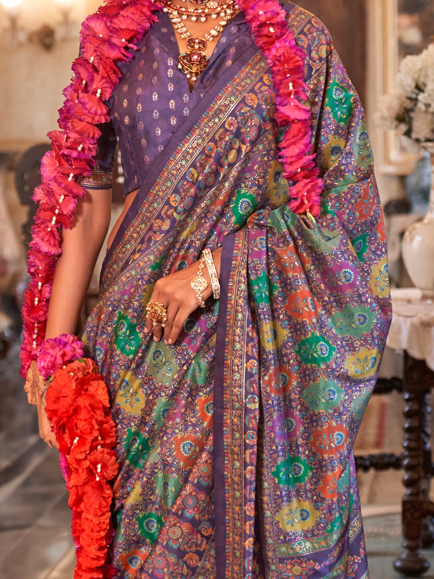 Marvelous Purple Foil Printed Silk Festive Wear Saree With Blouse