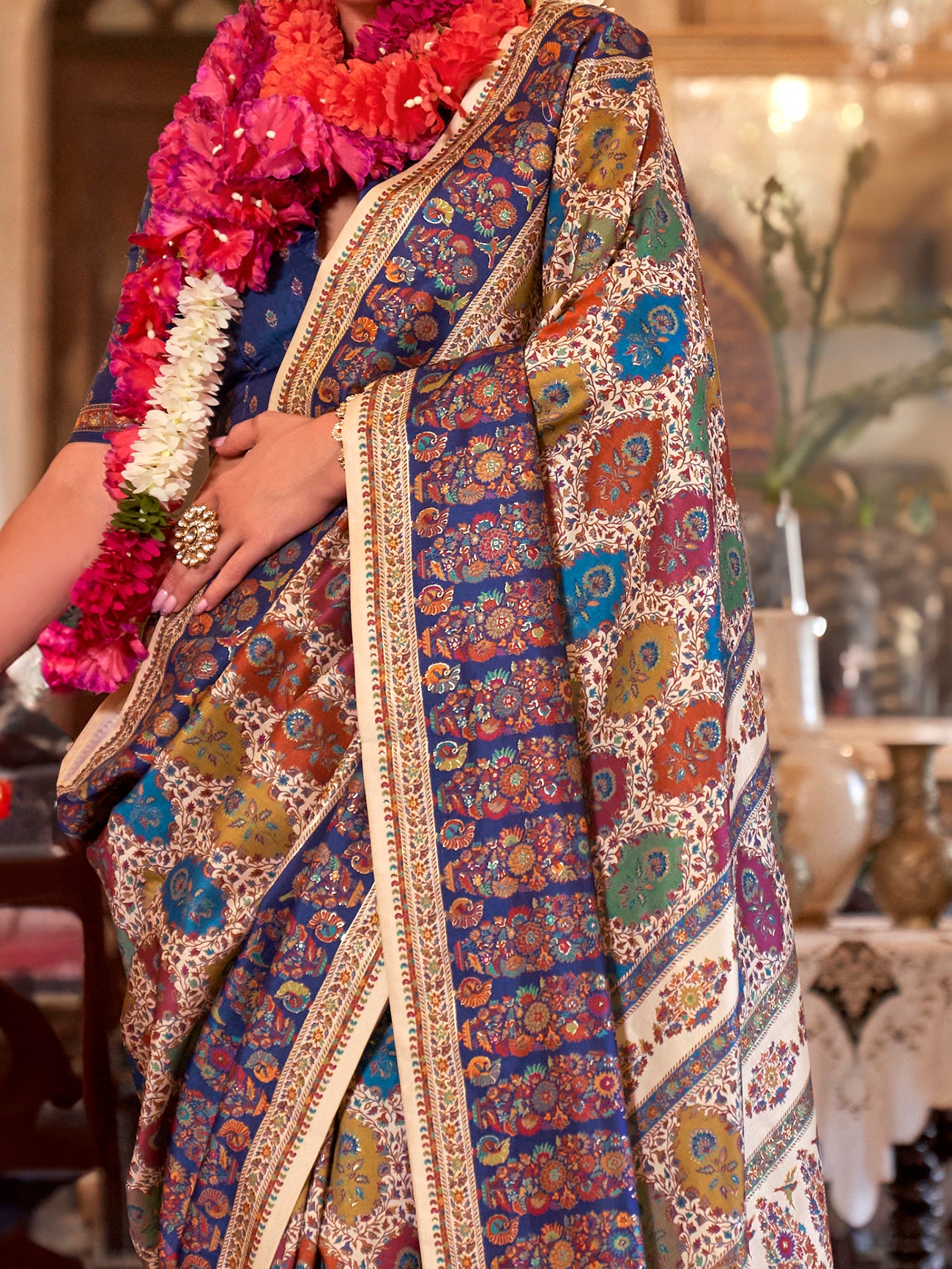 Enchanting Cream Foil Printed Silk Casual Wear Saree With Blouse