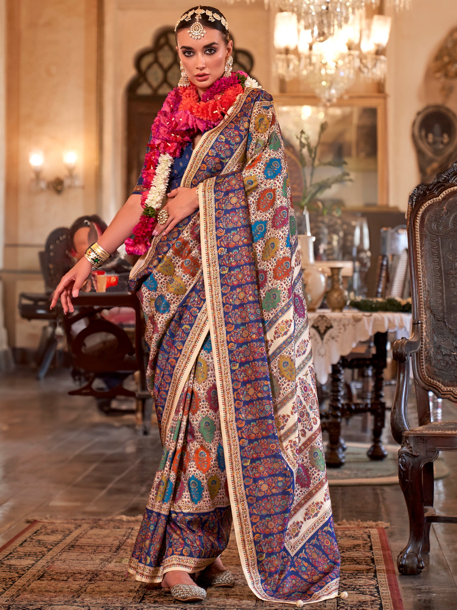 Enchanting Cream Foil Printed Silk Casual Wear Saree With Blouse