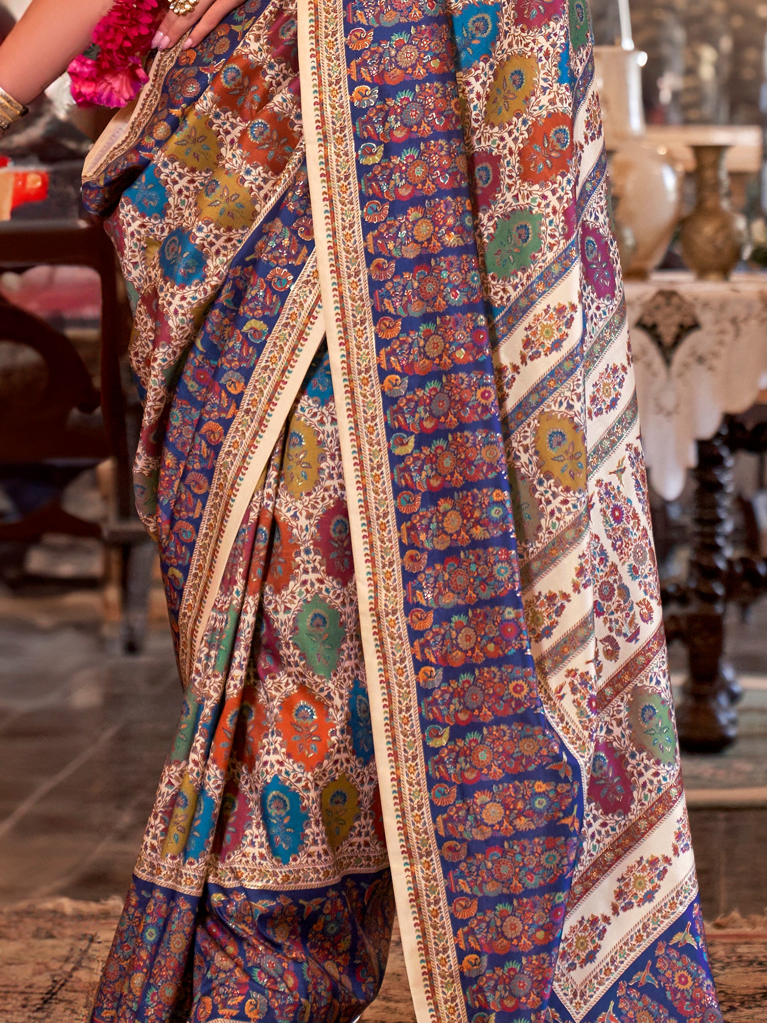 Enchanting Cream Foil Printed Silk Casual Wear Saree With Blouse